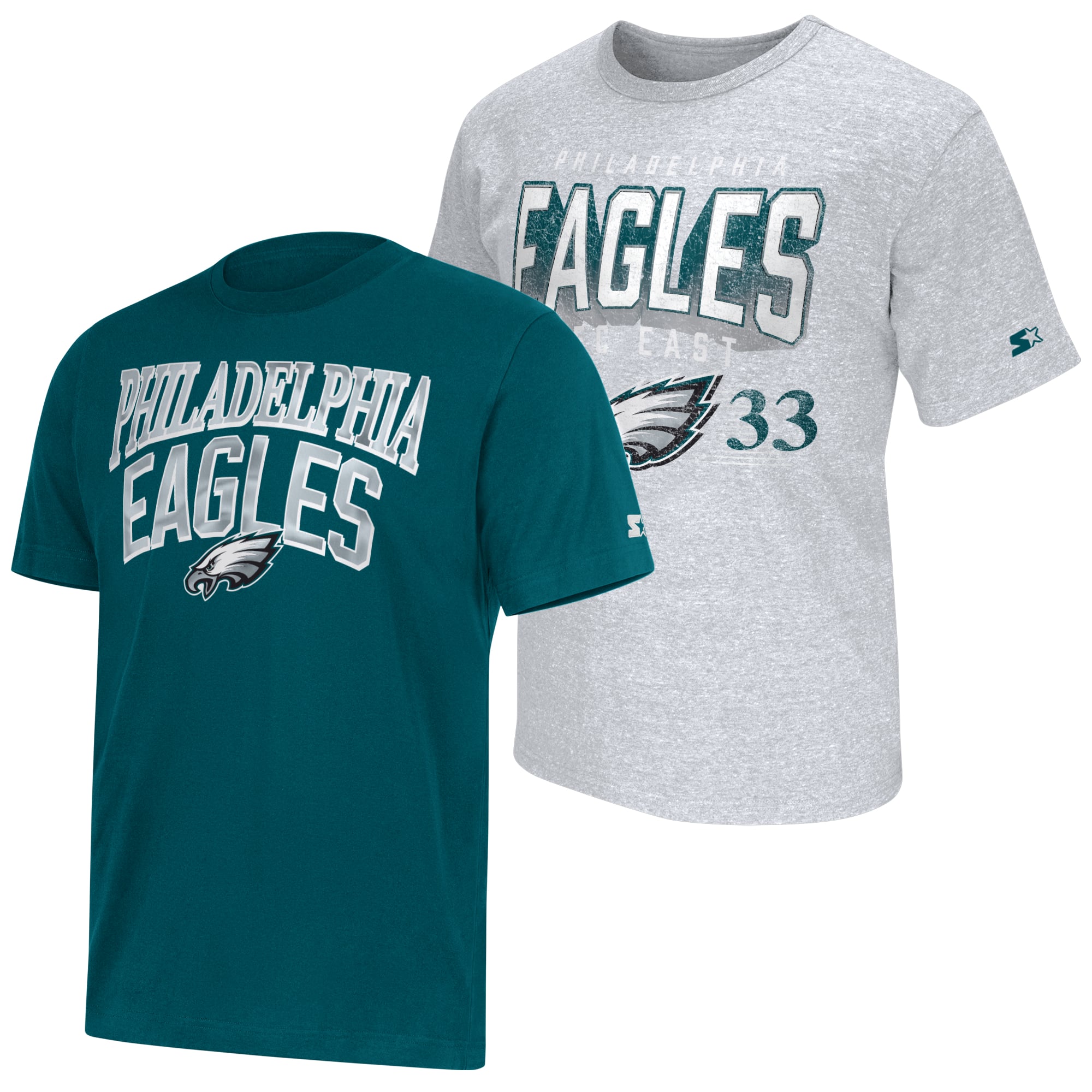 Lot de deux t-shirts à logo Philadelphia Eagles, vert nuit/gris chiné, la marque Starter, pour homme.