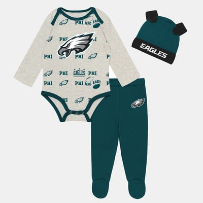 Philadelphia Eagles Outerstuff Newborn Huddles & Giggles 3-Piece Pant and Hat Set - Heather Gray
