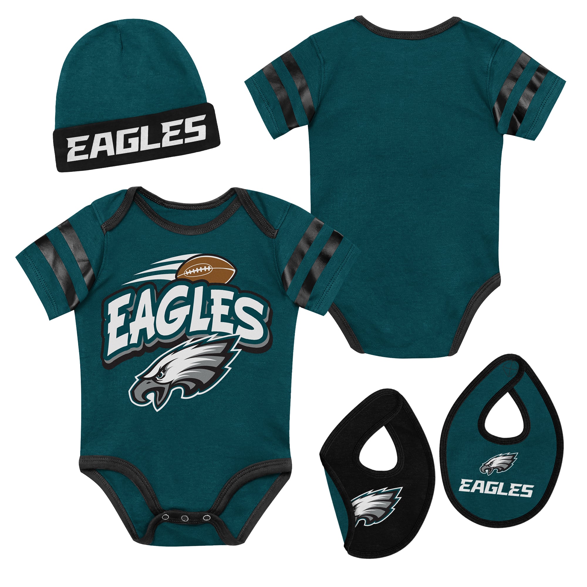 Newborn Outerstuff Midnight Green Philadelphia Eagles Pint Prodigy Bodysuit, Bib & Cuffed Knit Hat Set