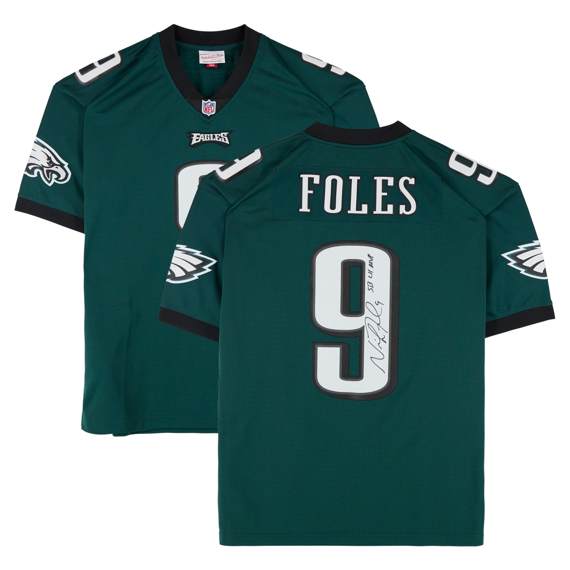 Maillot Mitchell & Ness Legacy 2017 vert nuit autographié par Nick Foles des Eagles de Philadelphie, avec inscription « MVP du Super Bowl LII ».