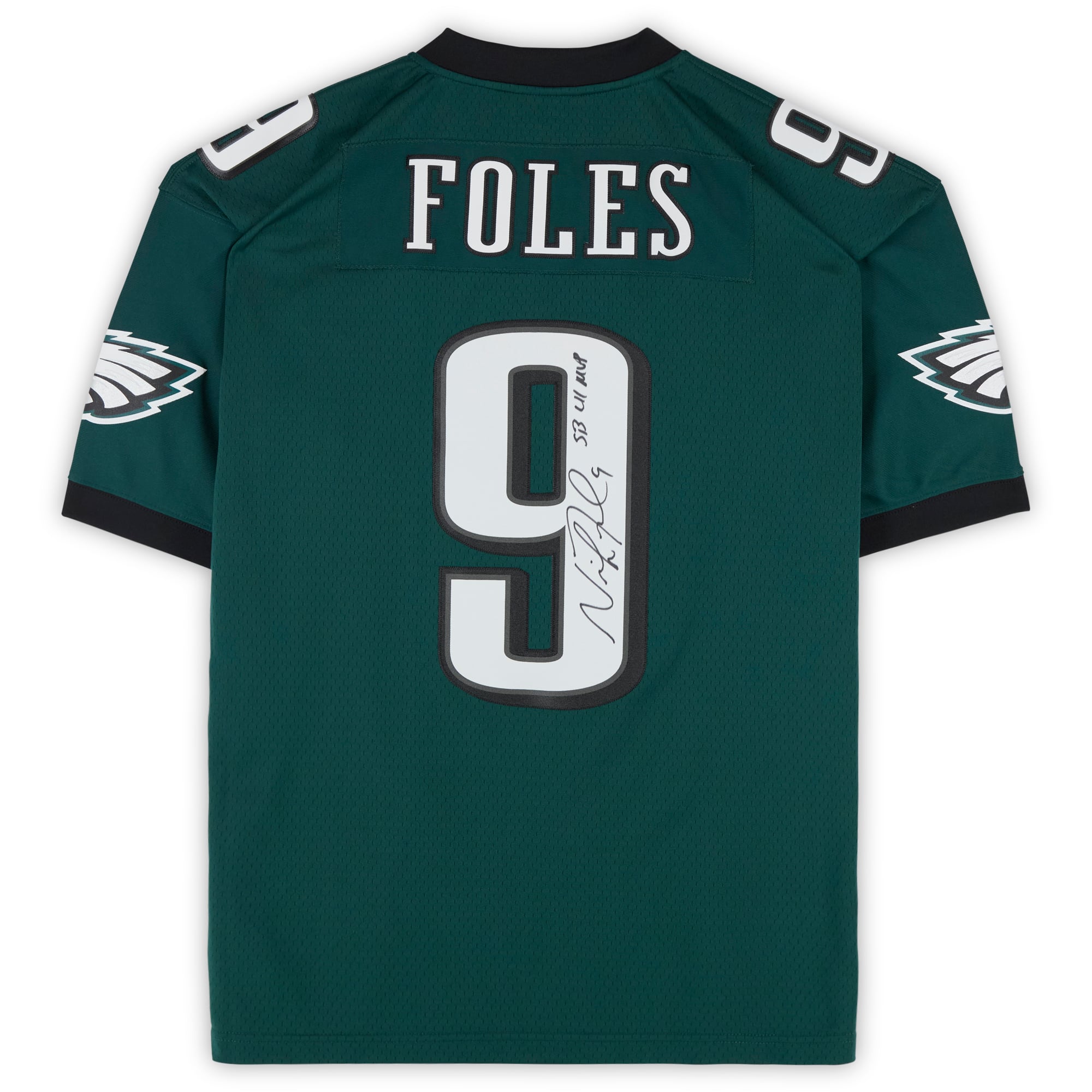 Maillot Mitchell & Ness Legacy 2017 vert nuit autographié par Nick Foles des Eagles de Philadelphie, avec inscription « MVP du Super Bowl LII ».