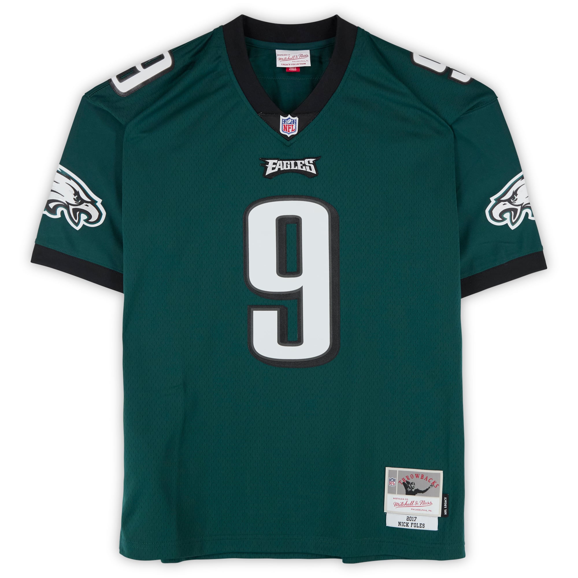 Maillot Mitchell & Ness Legacy 2017 vert nuit autographié par Nick Foles des Eagles de Philadelphie, avec inscription « MVP du Super Bowl LII ».
