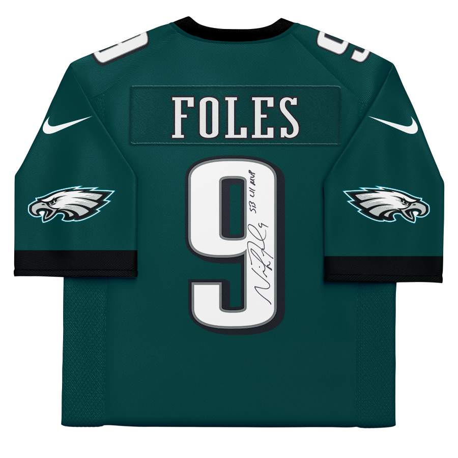 Maillot Mitchell & Ness Legacy 2017 vert nuit autographié par Nick Foles des Eagles de Philadelphie, avec inscription « MVP du Super Bowl LII ».