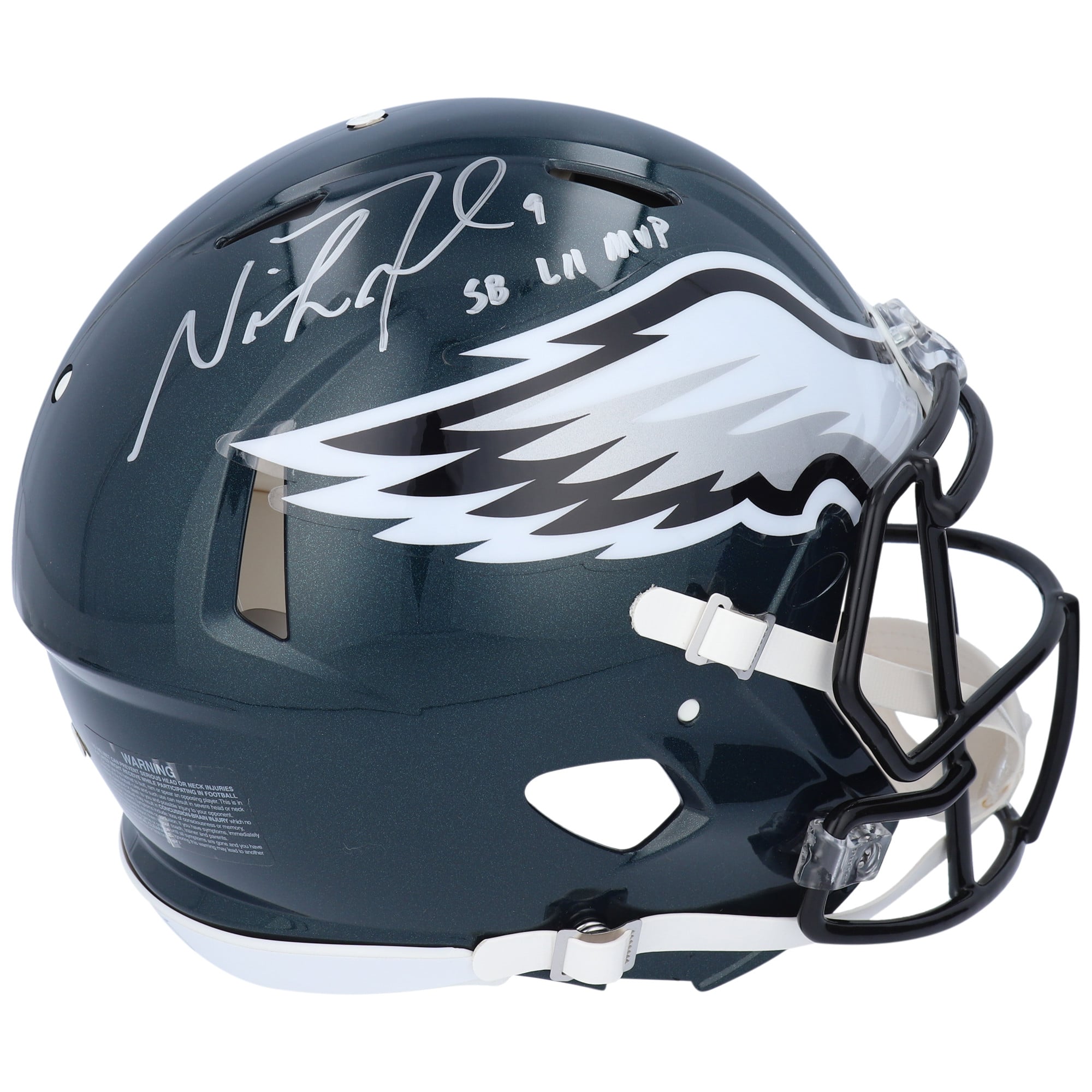Casque Riddell Speed Authentic Pro-Line autographié par Nick Foles, joueur des Eagles de Philadelphie, avec inscription « MVP du Super Bowl LII ».