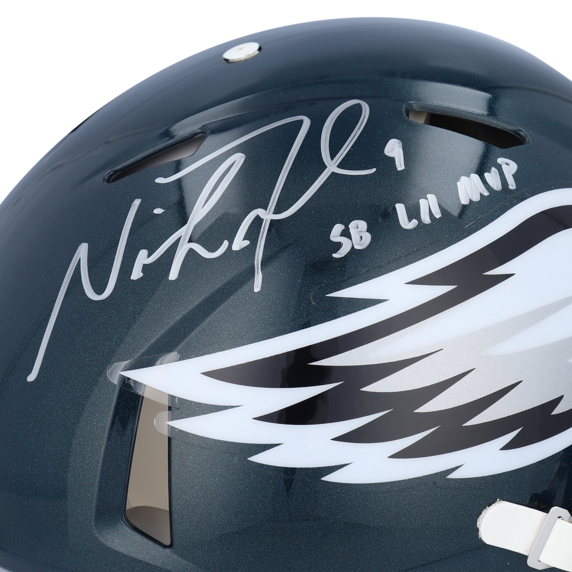 Casque Riddell Speed Authentic Pro-Line autographié par Nick Foles, joueur des Eagles de Philadelphie, avec inscription « MVP du Super Bowl LII ».