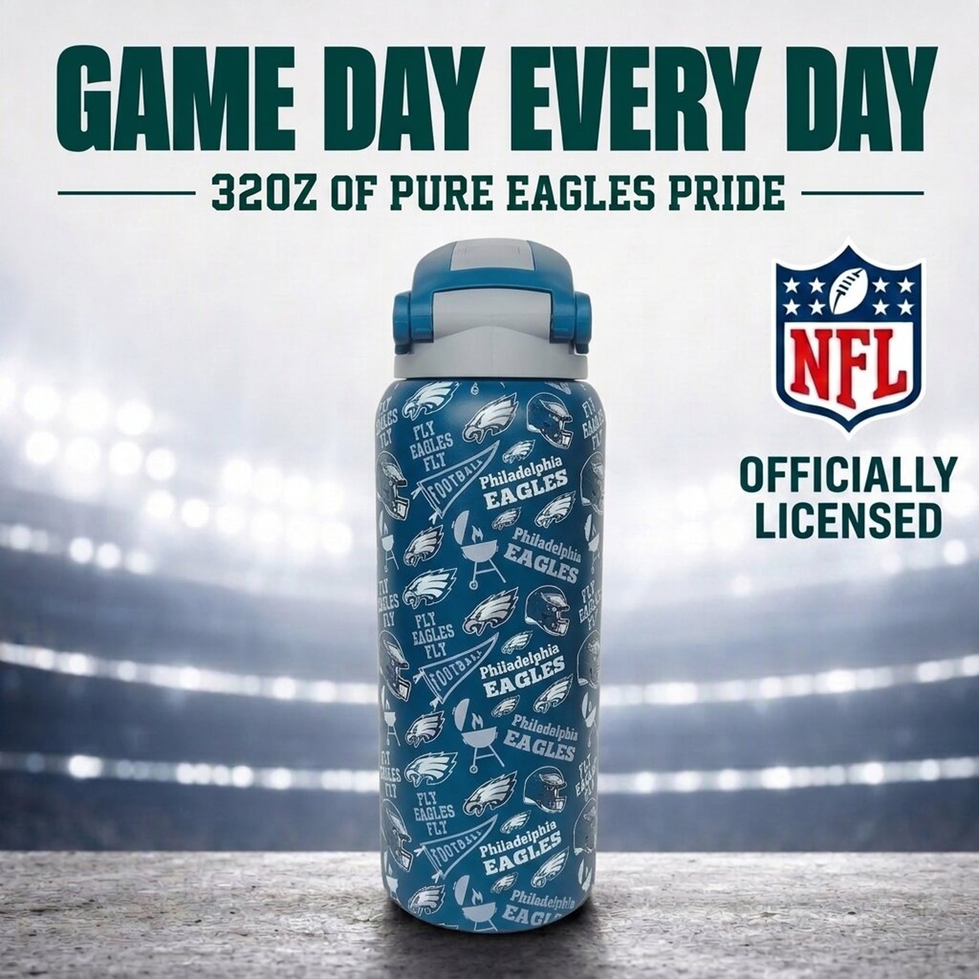 Gourde Pegasus Philadelphia Eagles 32 oz en acier inoxydable ProPress avec fanion pour les jours de match
