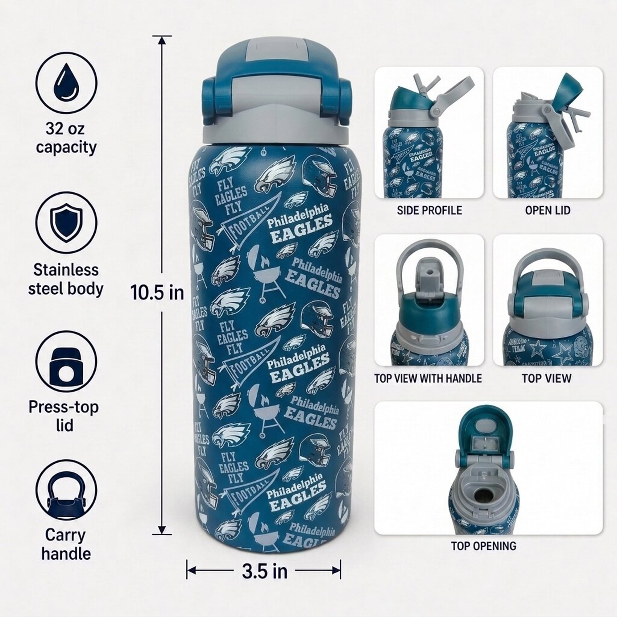 Gourde Pegasus Philadelphia Eagles 32 oz en acier inoxydable ProPress avec fanion pour les jours de match