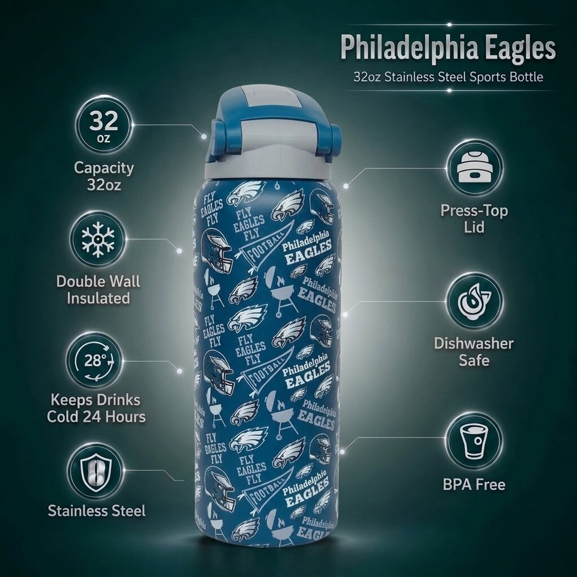 Gourde Pegasus Philadelphia Eagles 32 oz en acier inoxydable ProPress avec fanion pour les jours de match