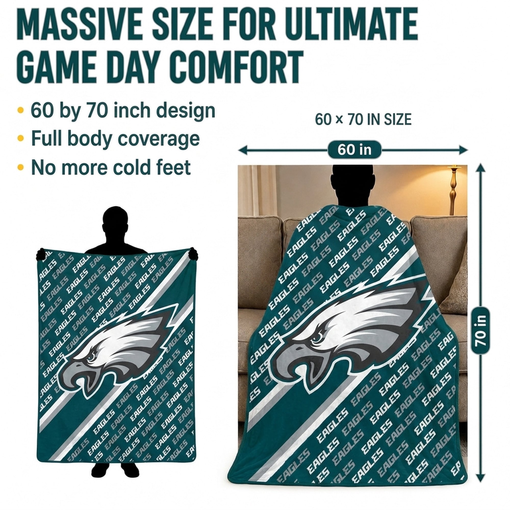 Couverture ultra douce Pegasus Philadelphia Eagles, 152 x 178 cm (60 x 70 pouces), doublée et ornée du logo.