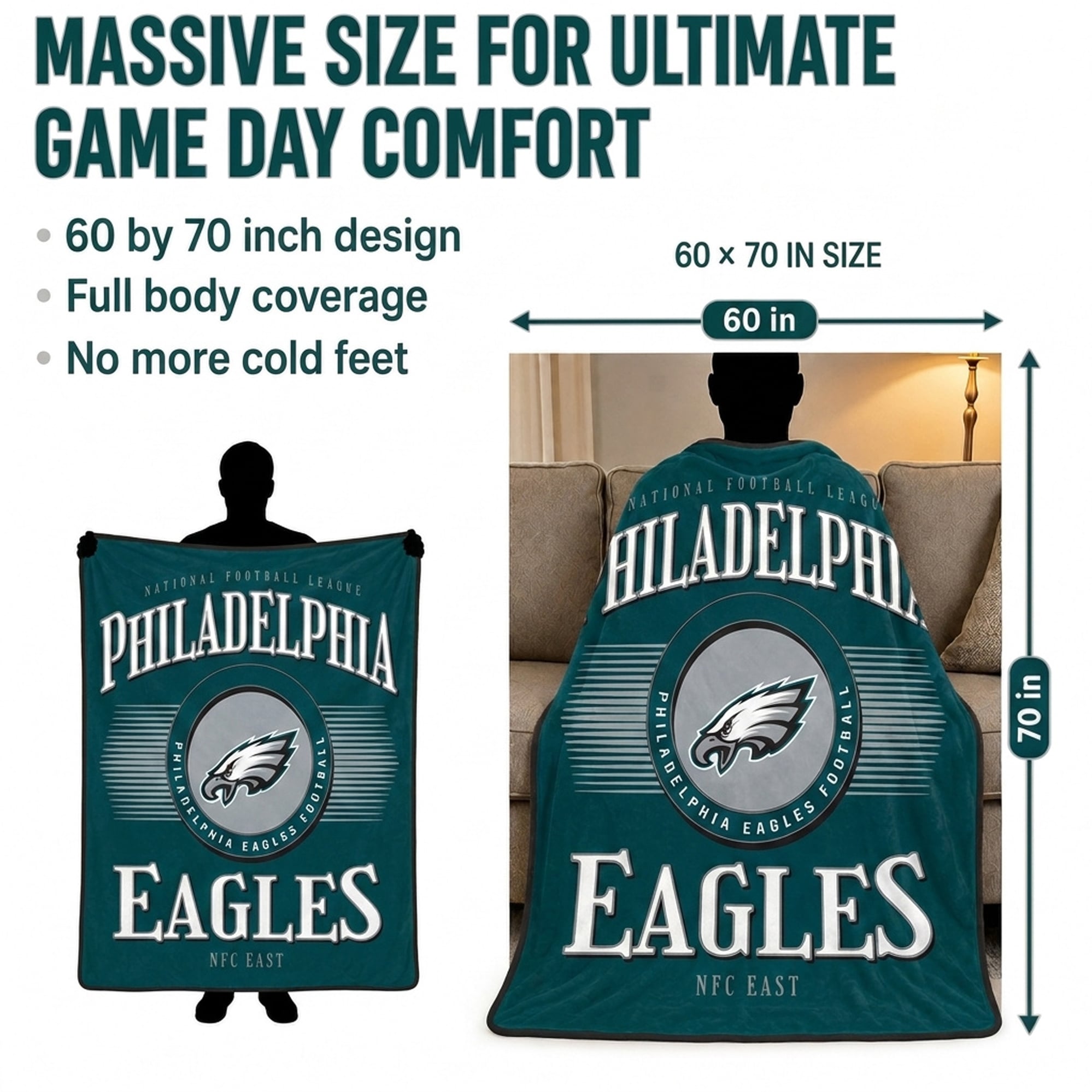 Couverture ultra douce Pegasus Philadelphia Eagles Spotlight Arch 60" x 70"