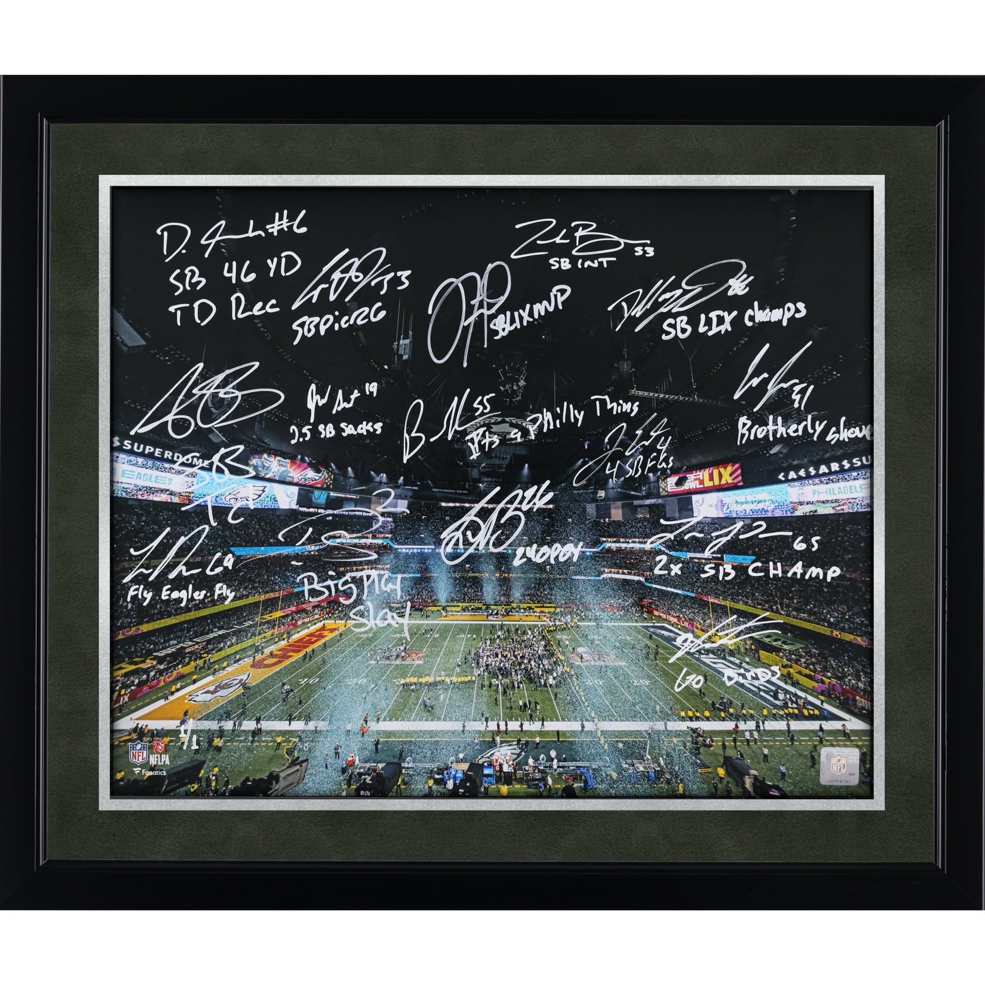 Philadelphia Eagles Autographed 16" x 20" Super Bowl LIX Photograph with 15 Signatures & Multiple Inscriptions - Signed in White Ink - Limited Edition #1/1