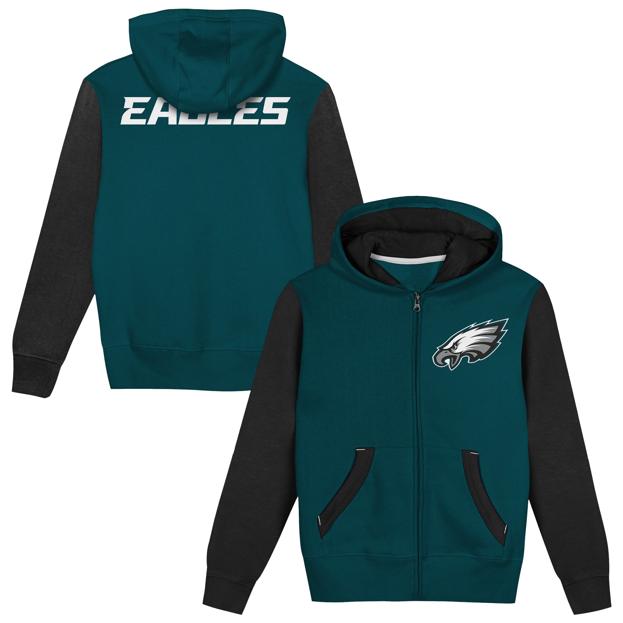 Sweat à capuche zippé vert nuit Outerstuff pour enfants d'âge préscolaire, motif Philadelphia Eagles Stadium Colorblock.