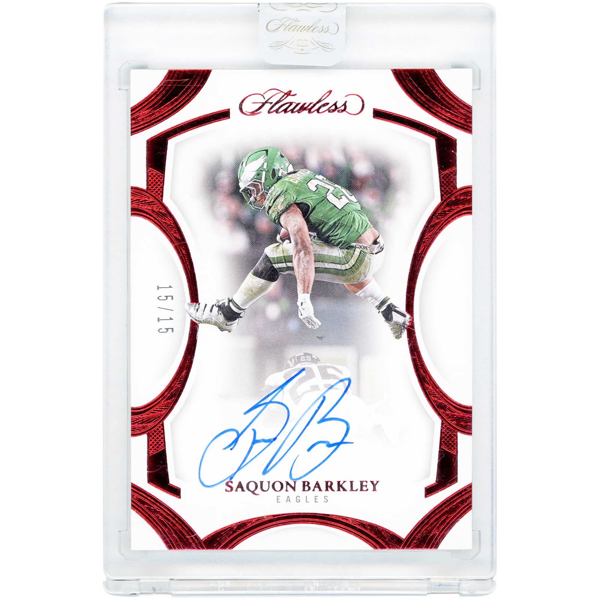 Saquon Barkley Philadelphia Eagles Autographed 2025 Panini Flawless Frame Ruby #FF-SBA #15/15 Card