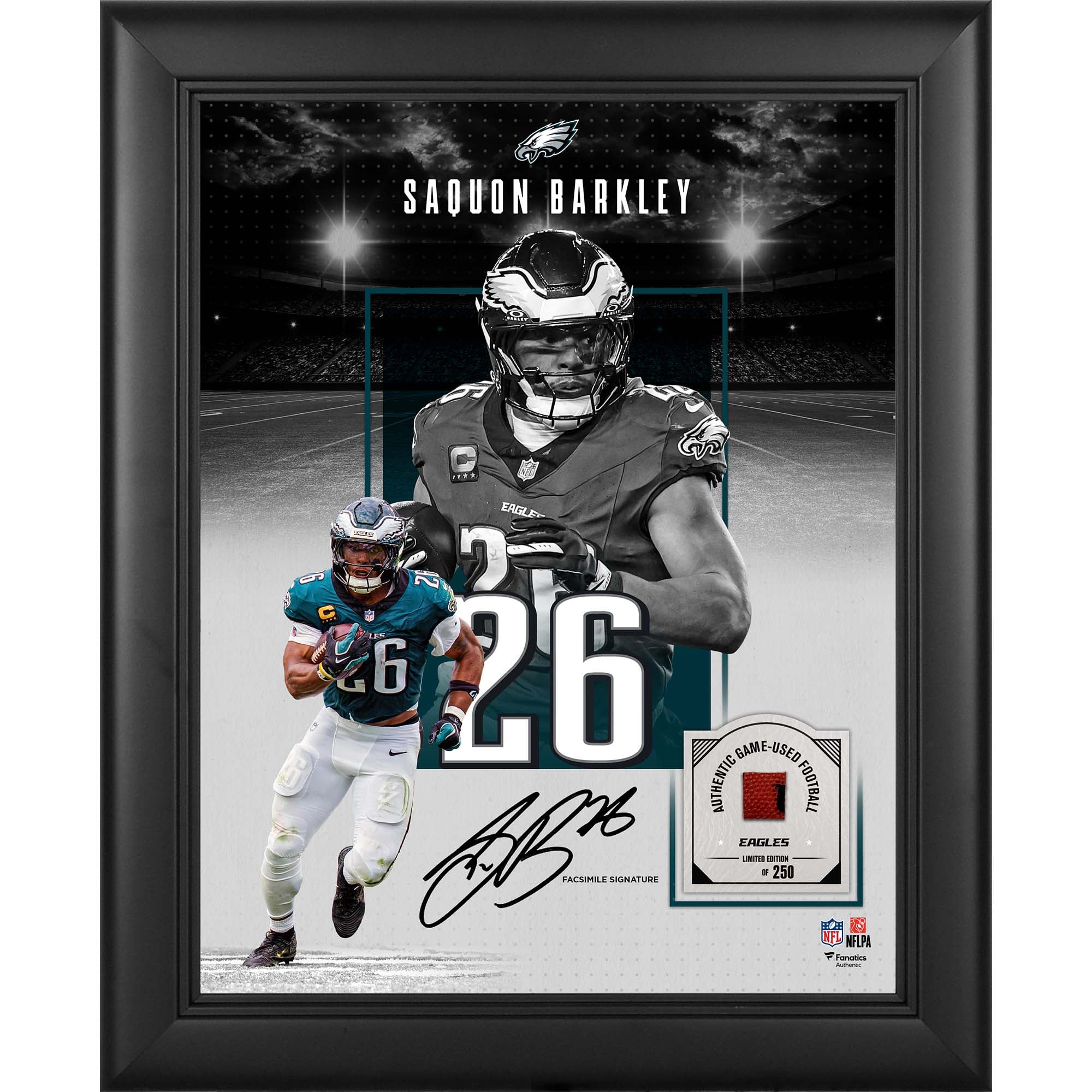 Collage encadré 11" x 14" avec la signature fac-similé de Saquon Barkley (Philadelphia Eagles) et un morceau de ballon de football américain utilisé lors d'un match - Édition limitée à 250 exemplaires