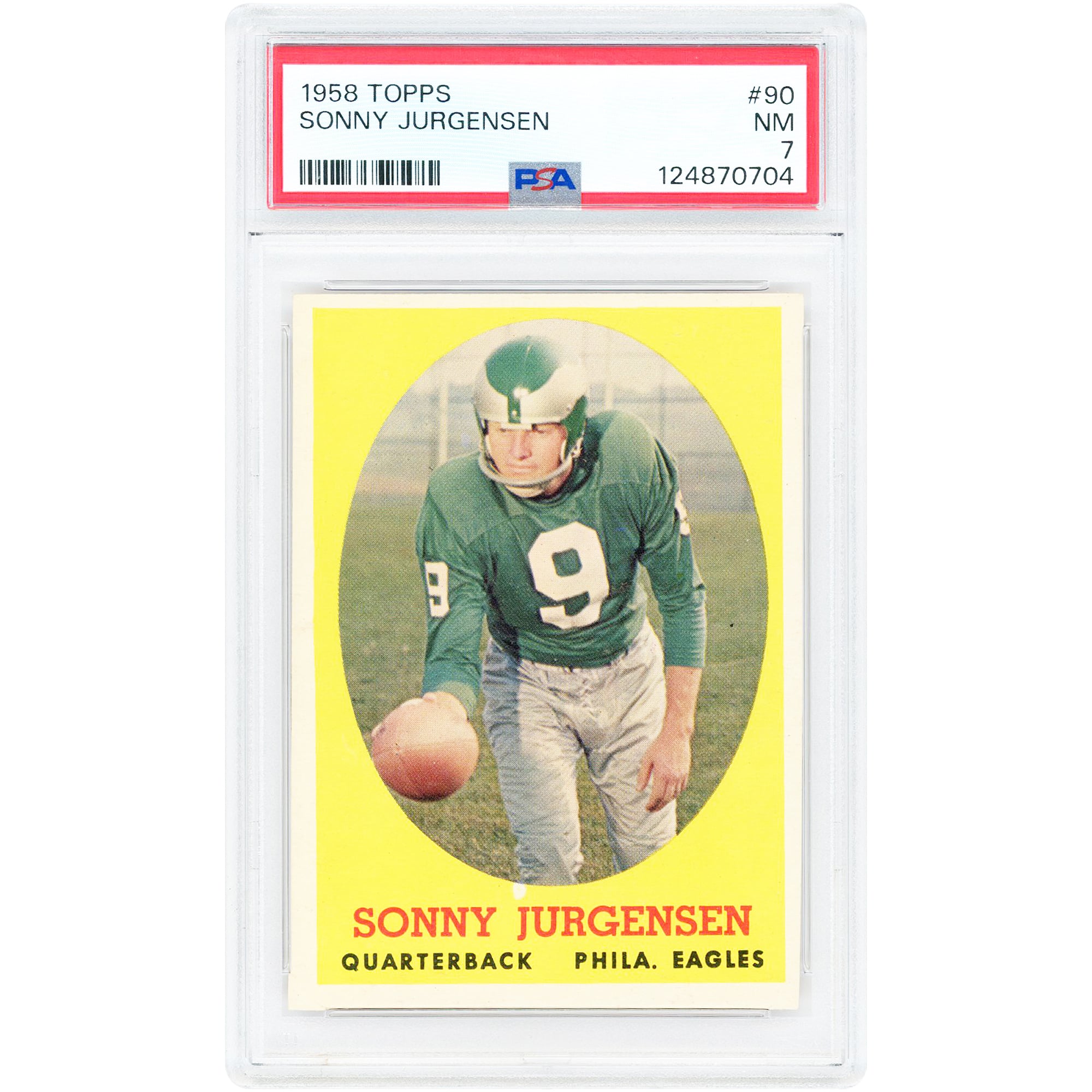 Carte de recrue de Sonny Jurgensen, Philadelphia Eagles, 1958 Topps n° 90, authentifiée PSA 7