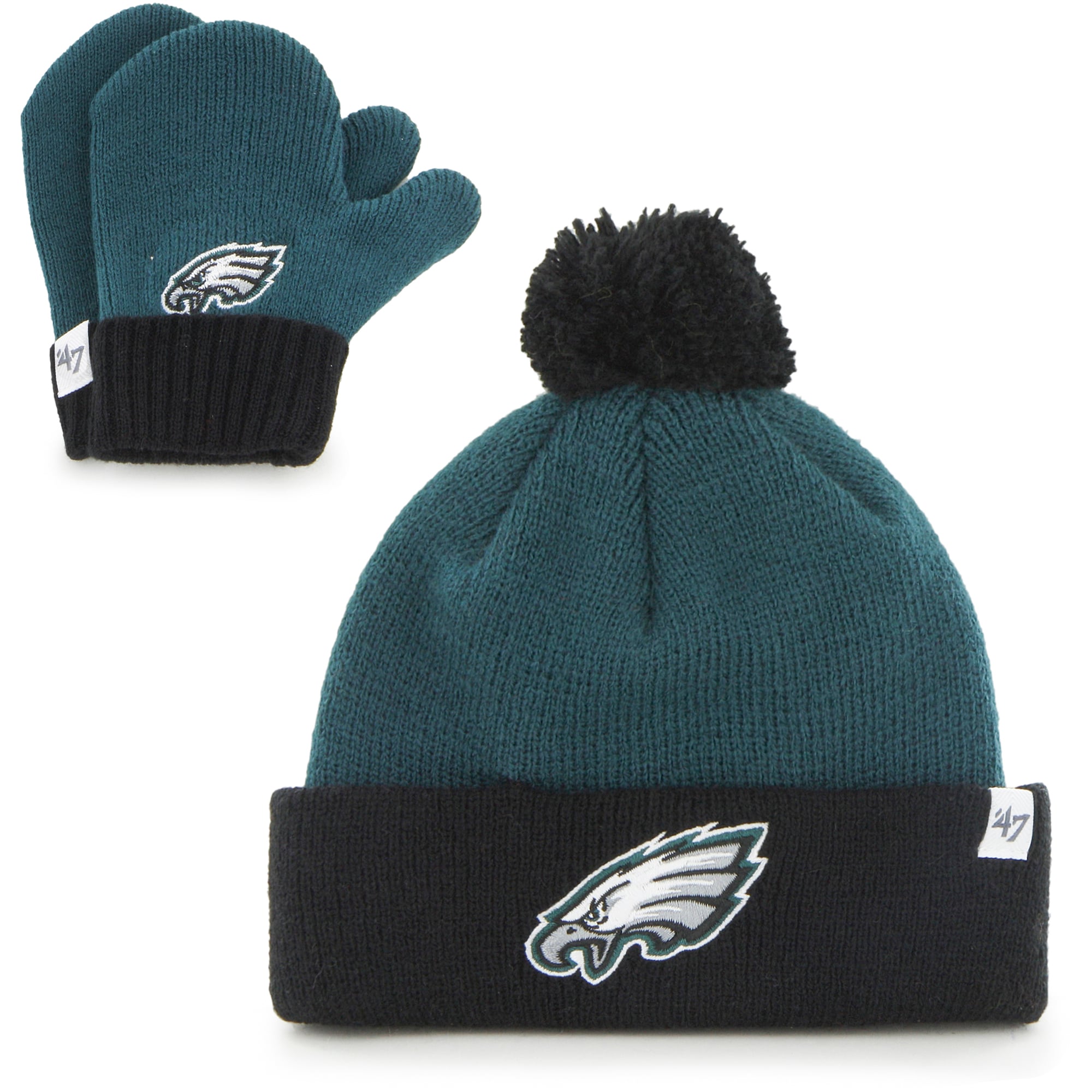 Ensemble bonnet à revers Bam en tricot avec pompon et mitaines pour tout-petit '47, vert nuit/noir, Philadelphia Eagles