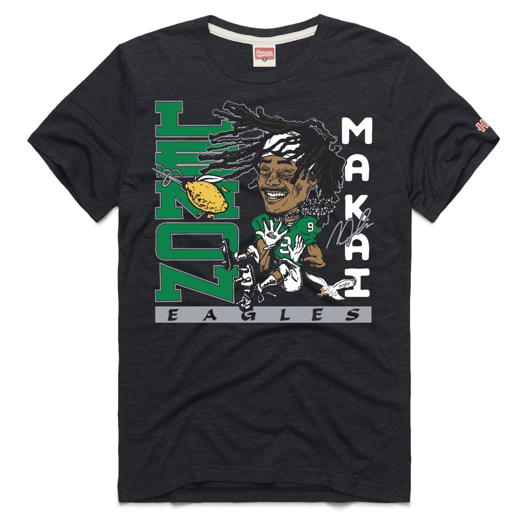 T-shirt unisexe Hommage Makai Lemon Charcoal Philadelphia Eagles, motif caricature de joueur, mélange trois matières