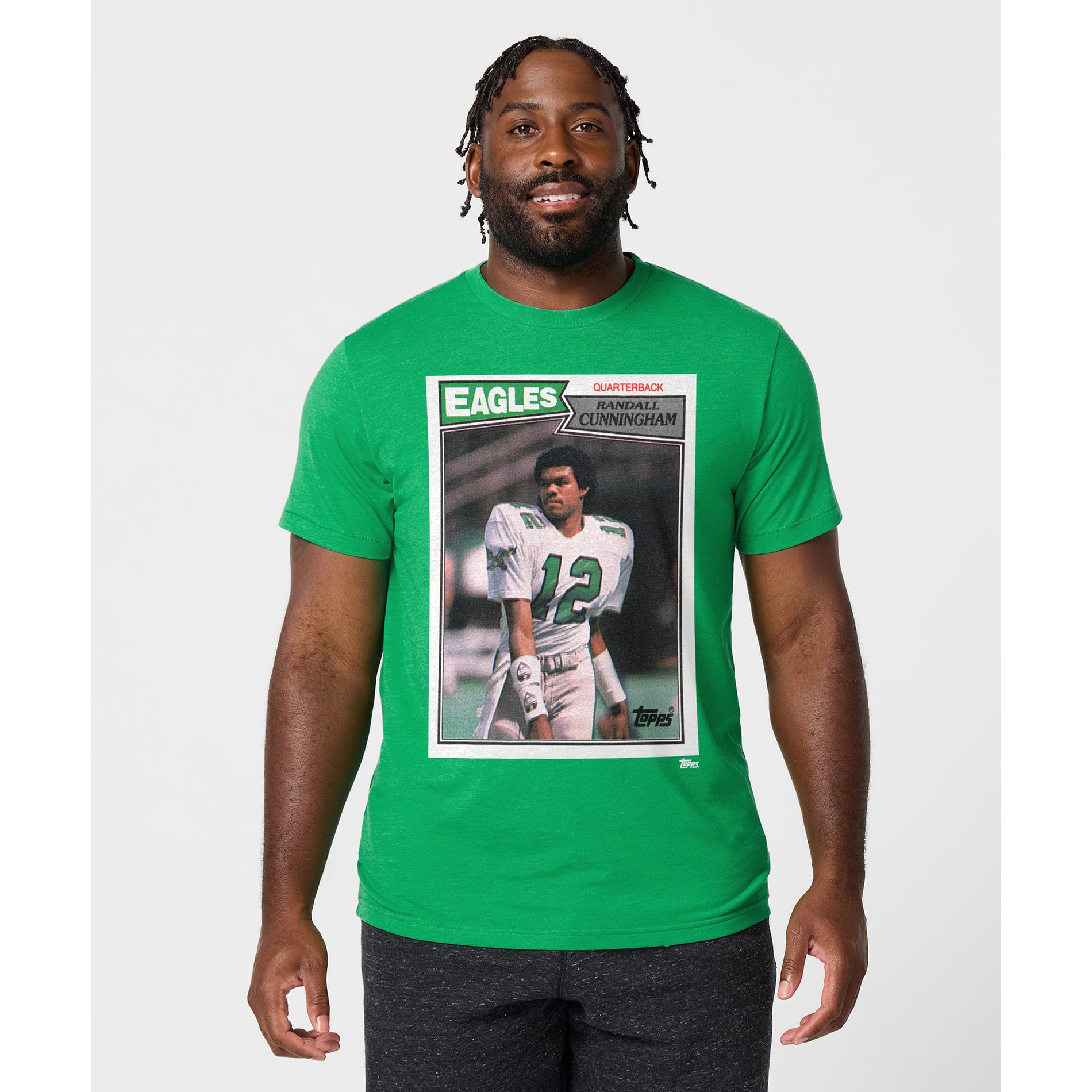 T-shirt unisexe hommage à Randall Cunningham, vert Kelly, Philadelphia Eagles, NFL Topps Trading Card, mélange de trois matières