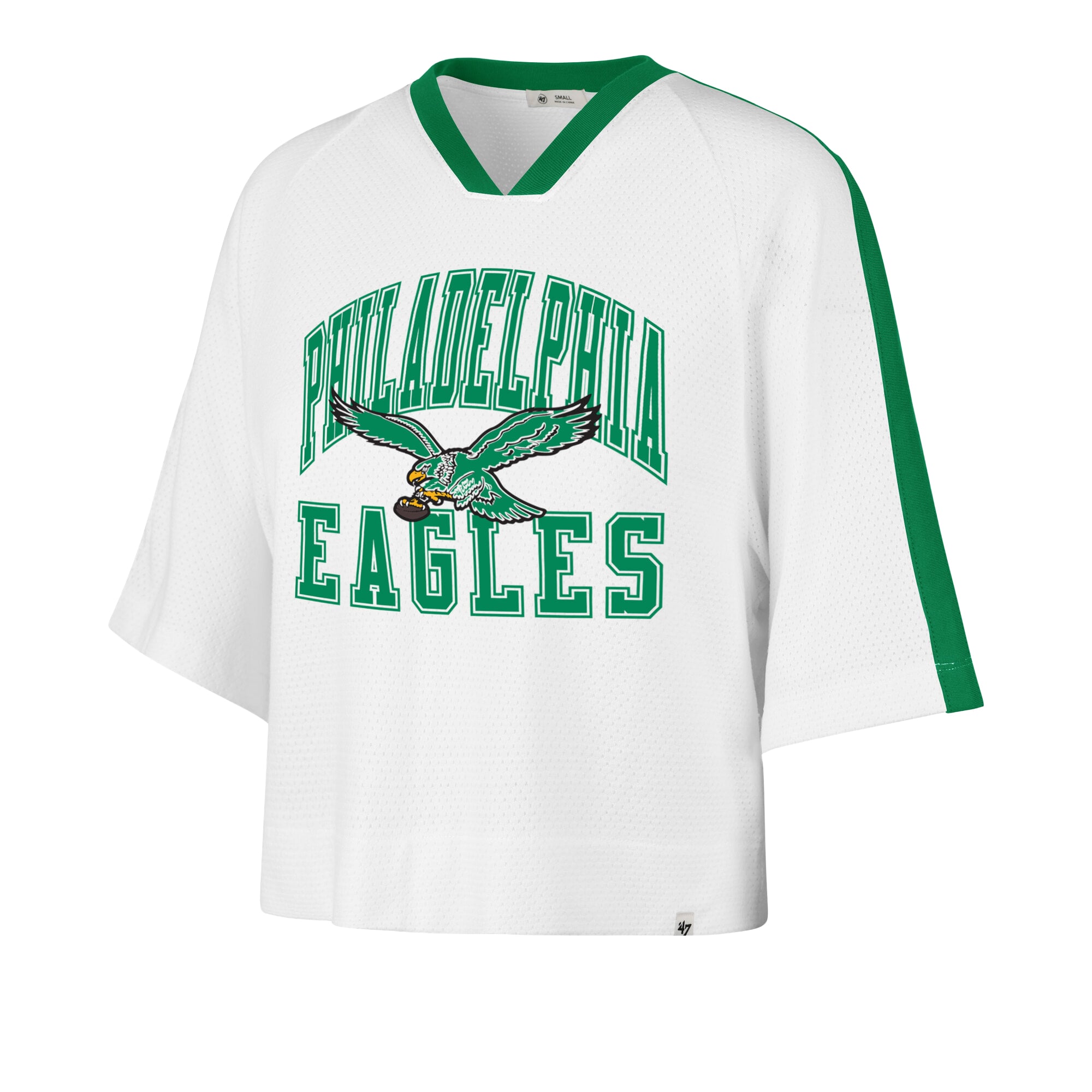 Women's '47 White Philadelphia Eagles Big Overarch Drop Needle Raglan V-Neck T-Shirt