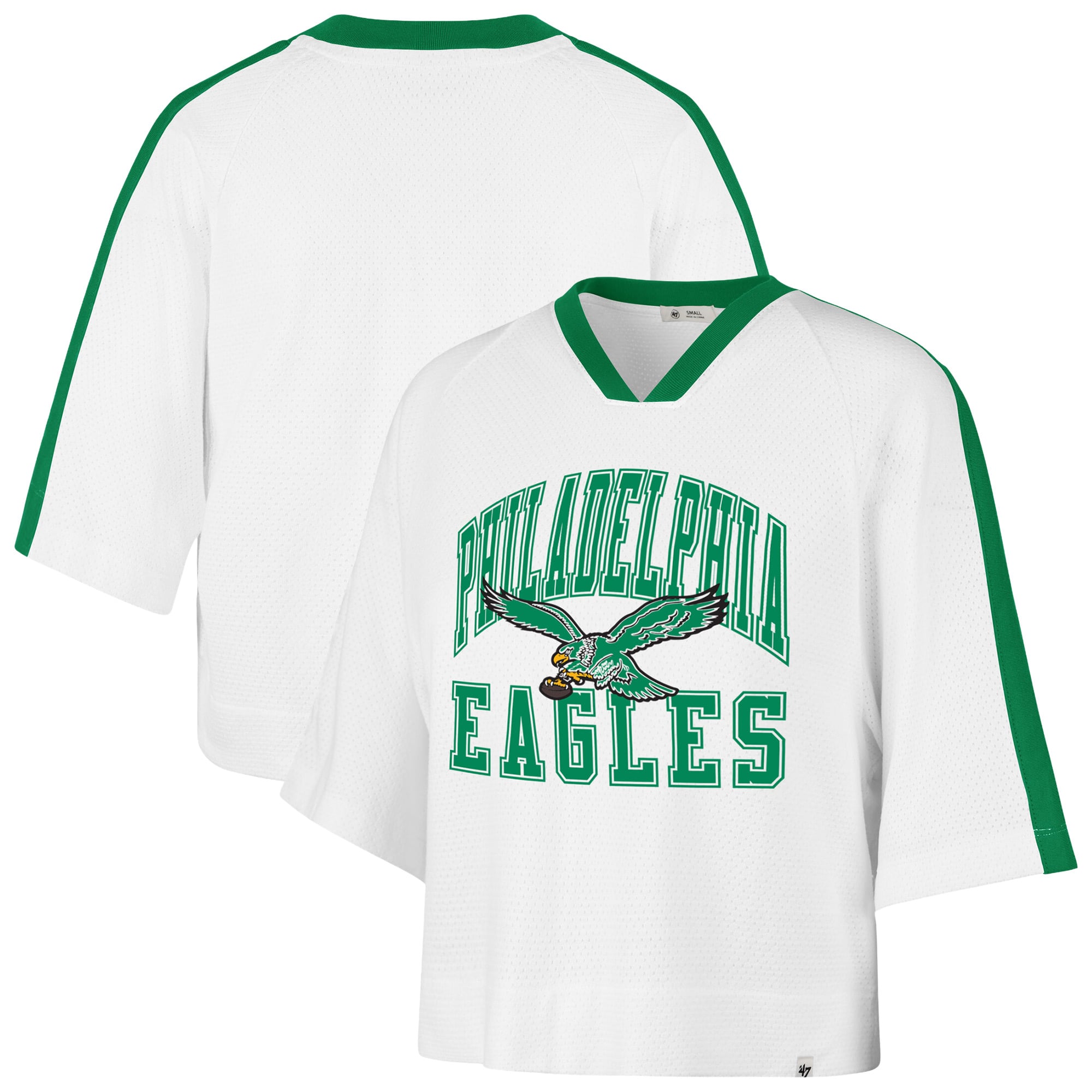 Women's '47 White Philadelphia Eagles Big Overarch Drop Needle Raglan V-Neck T-Shirt