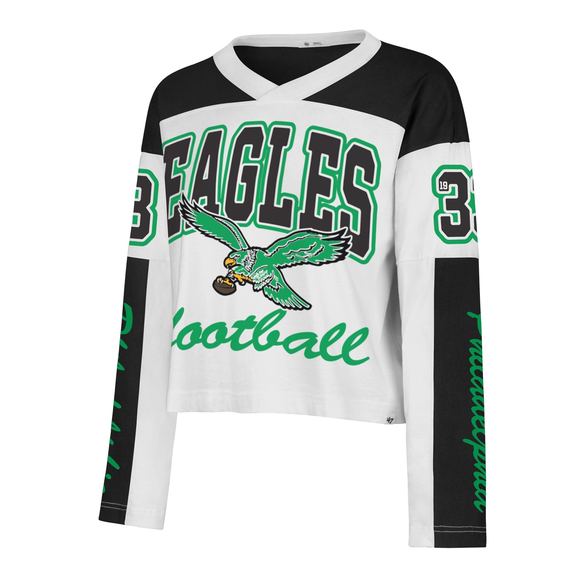 T-shirt à manches longues et col en V blanc Philadelphia Eagles '47 pour femme