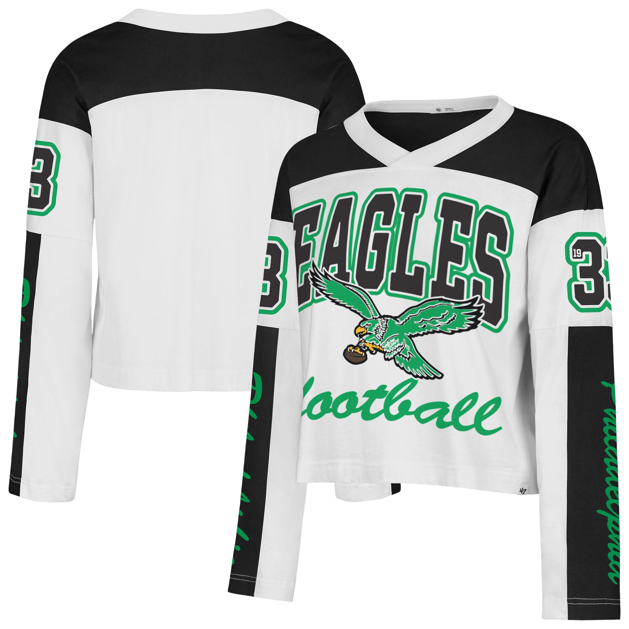 T-shirt à manches longues et col en V blanc Philadelphia Eagles '47 pour femme