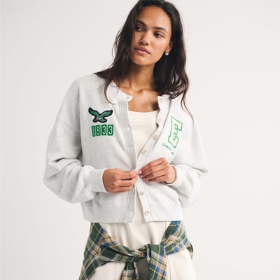 Philadelphia Eagles Abercrombie & Fitch Women's Full-Button Cardigan - Heather Gray