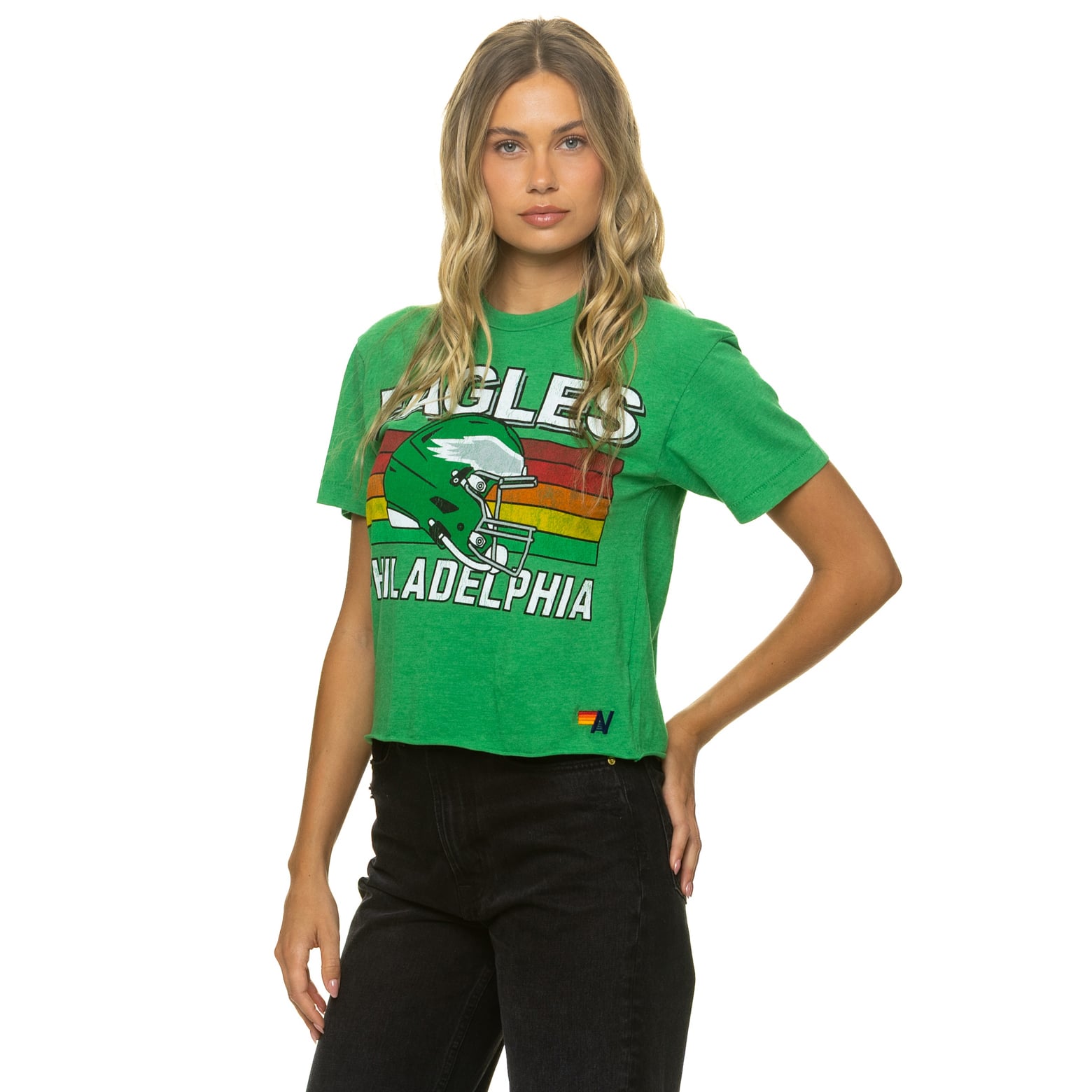 T-shirt Aviator Nation Kelly Green Philadelphia Eagles pour femme, coupe carrée, style boyfriend, en mélange de trois matières