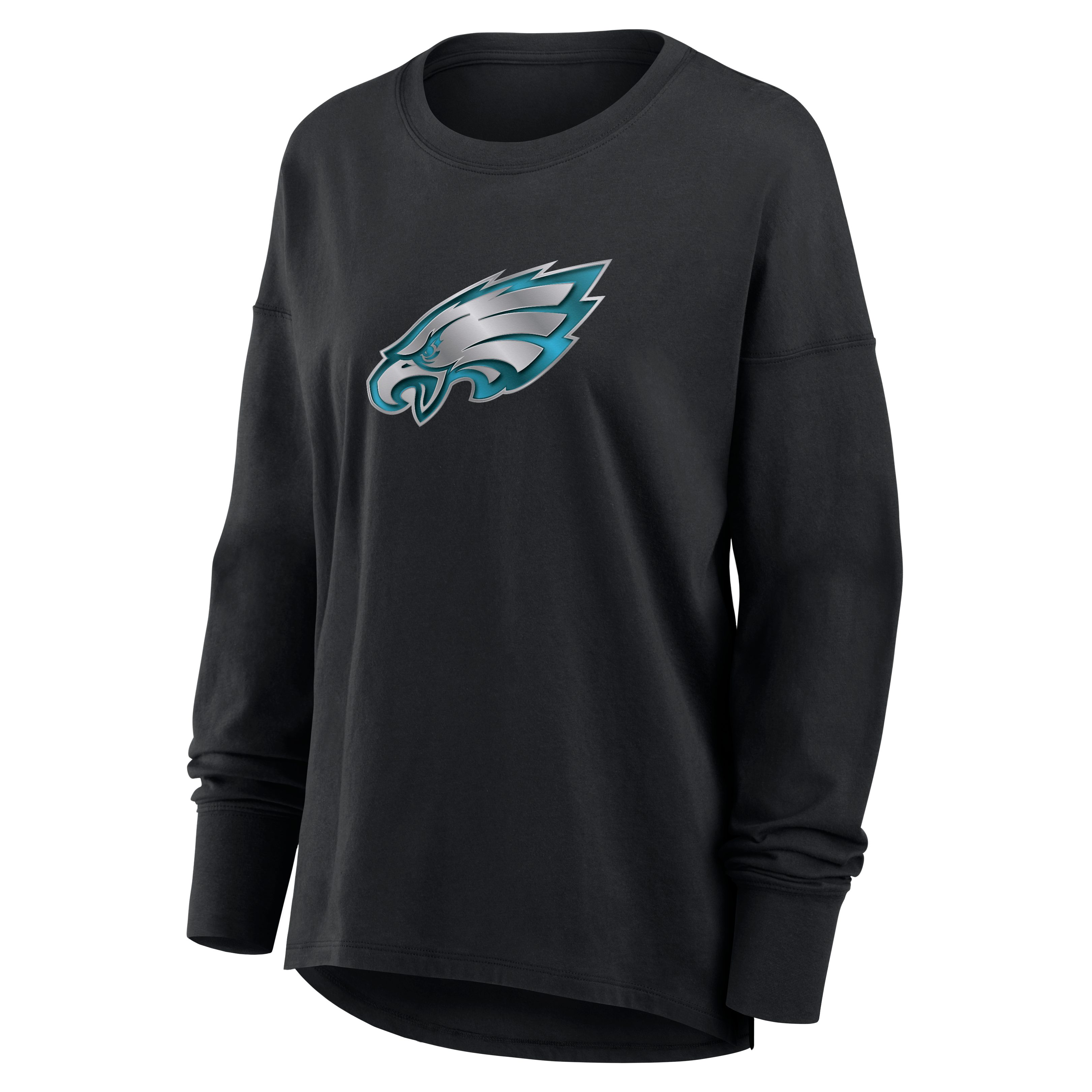 T-shirt à manches longues noir pour femmes avec mascotte métallique des Eagles de Philadelphie
