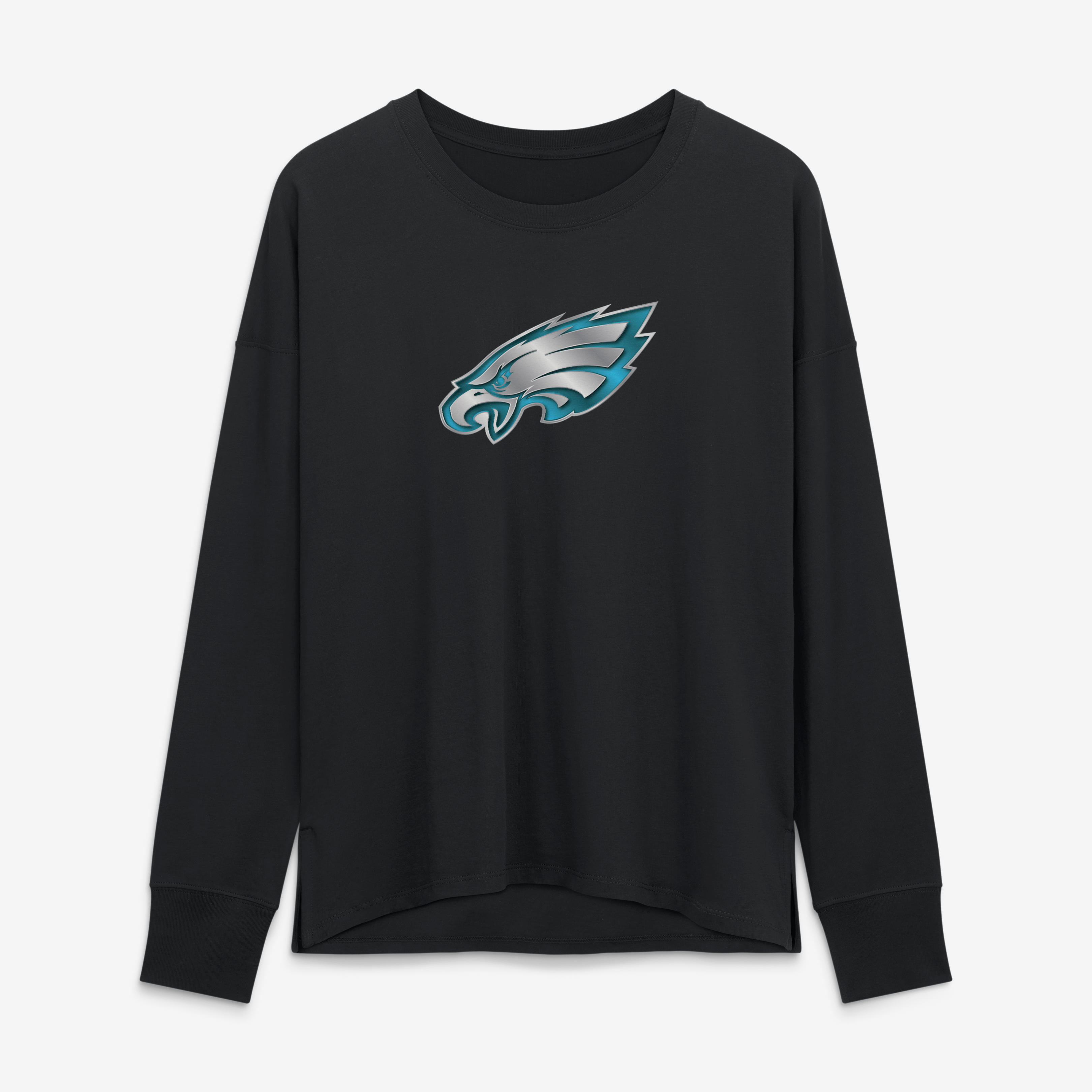 T-shirt à manches longues noir pour femmes avec mascotte métallique des Eagles de Philadelphie
