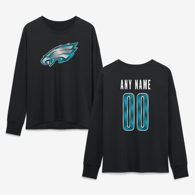 Philadelphia Eagles Women's Metallic Mascot Personalized Name & Number Long Sleeve T-Shirt - Black