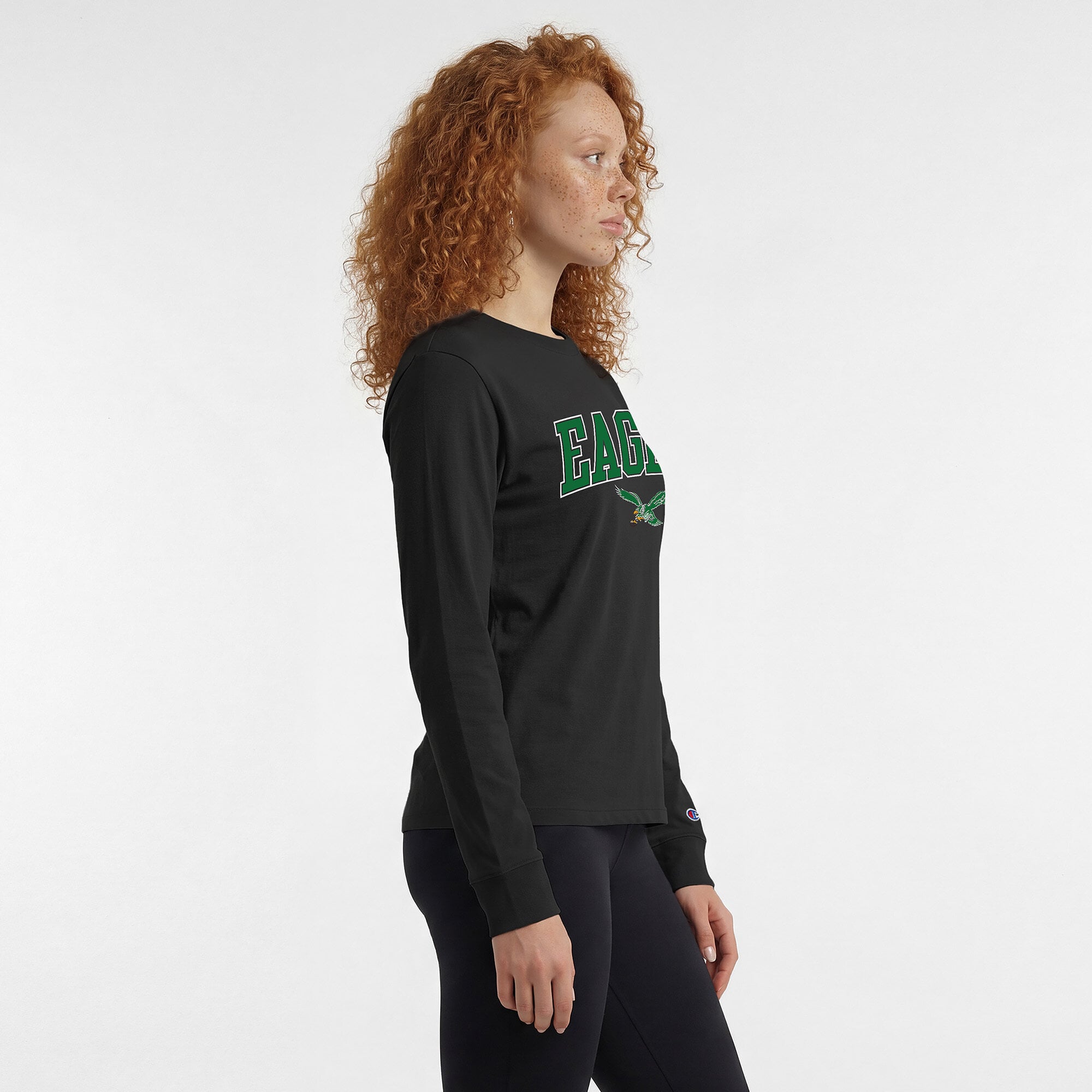 T-shirt à manches longues Champion noir pour femmes, logo principal des Eagles de Philadelphie