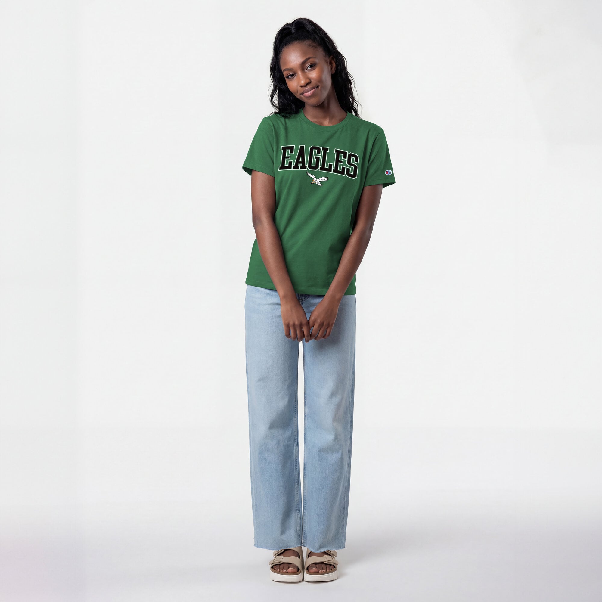 T-shirt Champion Kelly Green Philadelphia Eagles pour femmes, logo rétro arqué