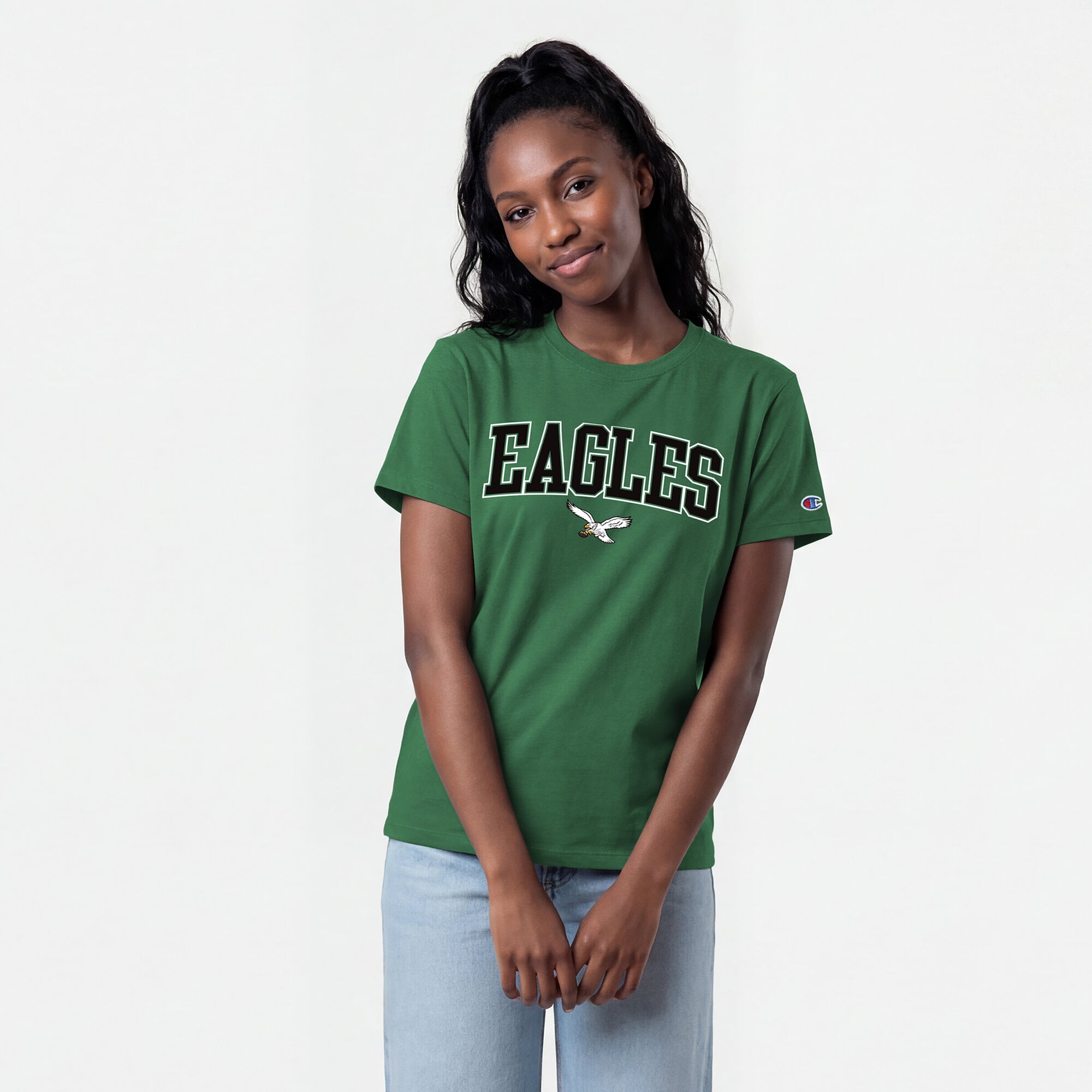 T-shirt Champion Kelly Green Philadelphia Eagles pour femmes, logo rétro arqué