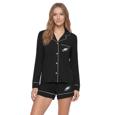  Philadelphia Eagles Concepts Sport Women's Medley Long Sleeve Button-Up and Shorts Sleep Set - Black