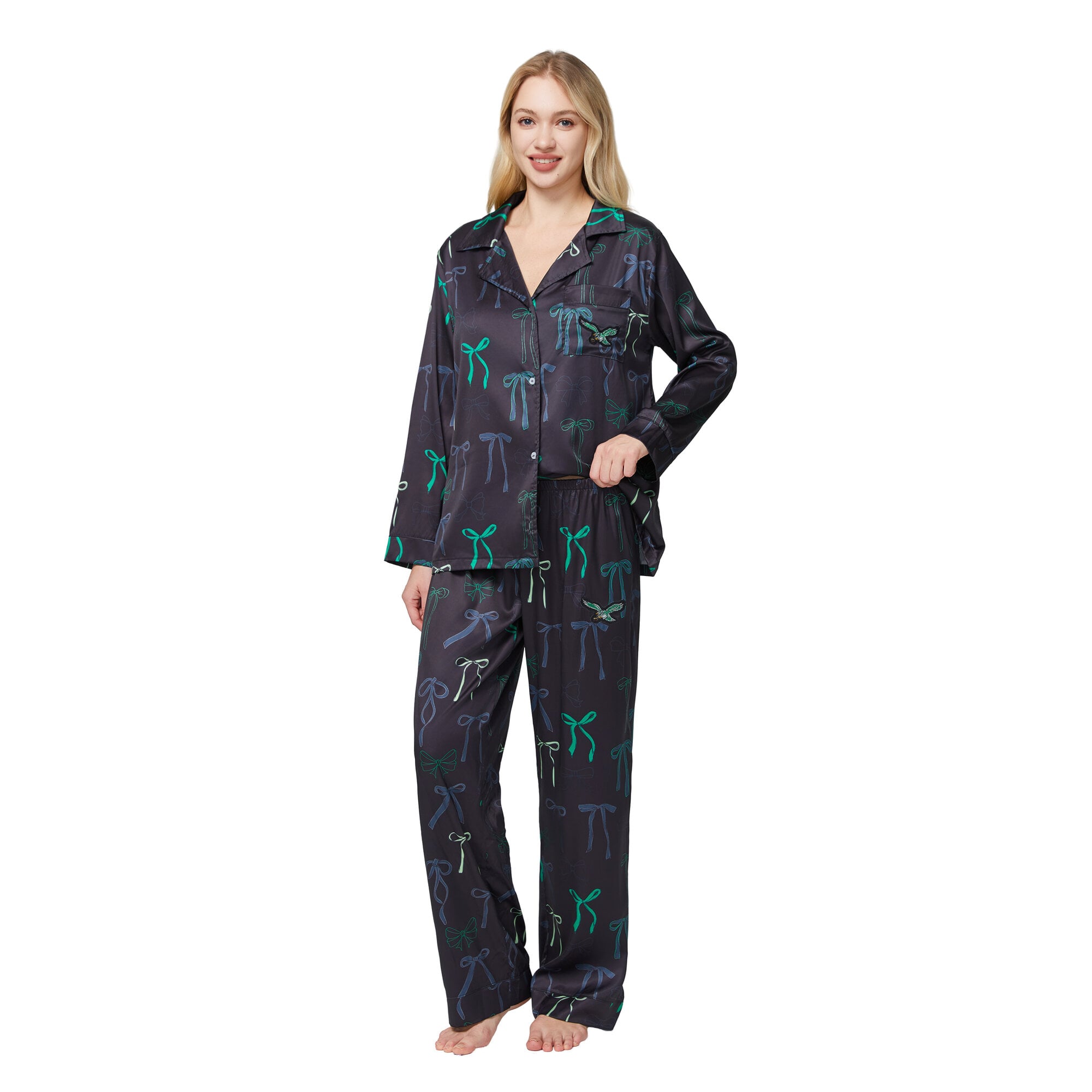 Ensemble de nuit Concepts Sport pour femme, haut à manches longues et pantalon en satin noir motif coquelicot des Philadelphia Eagles