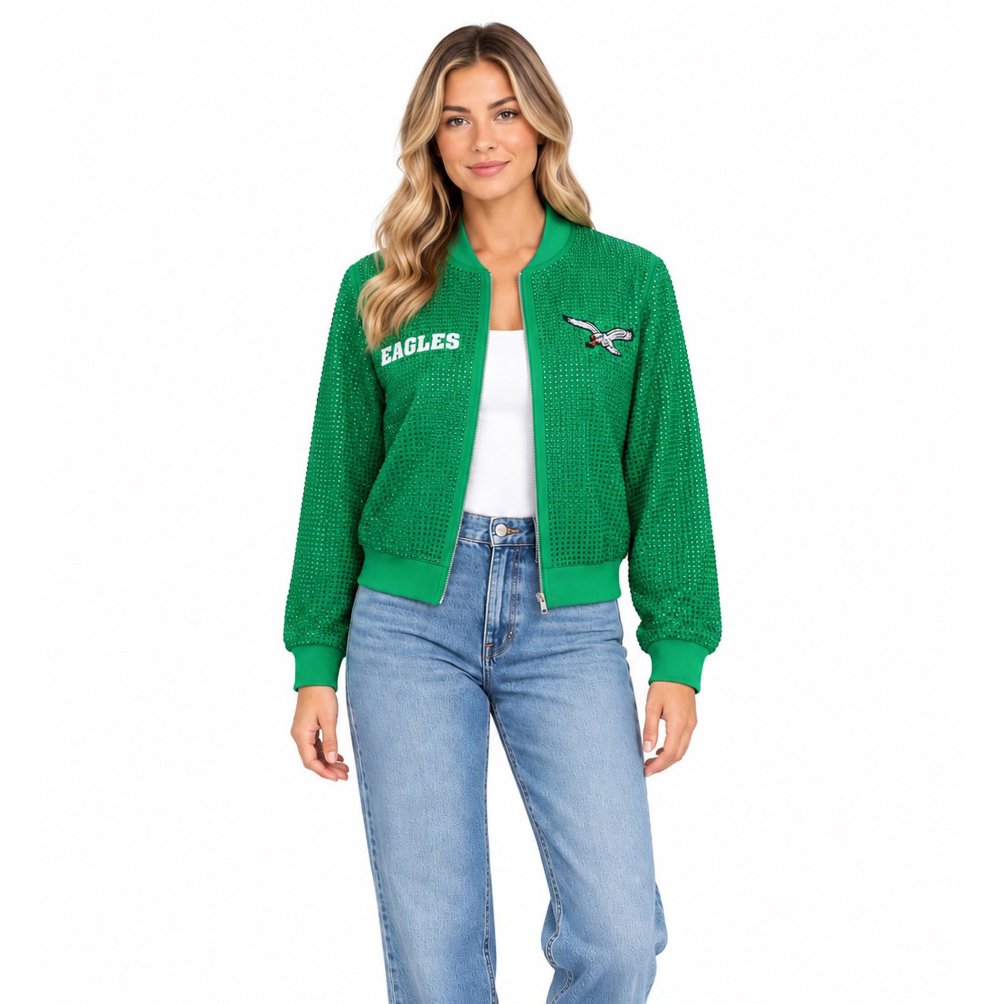 Veste bomber zippée intégrale en cristal vert Kelly Eagles de Philadelphie FABGATING par Cuce pour femme