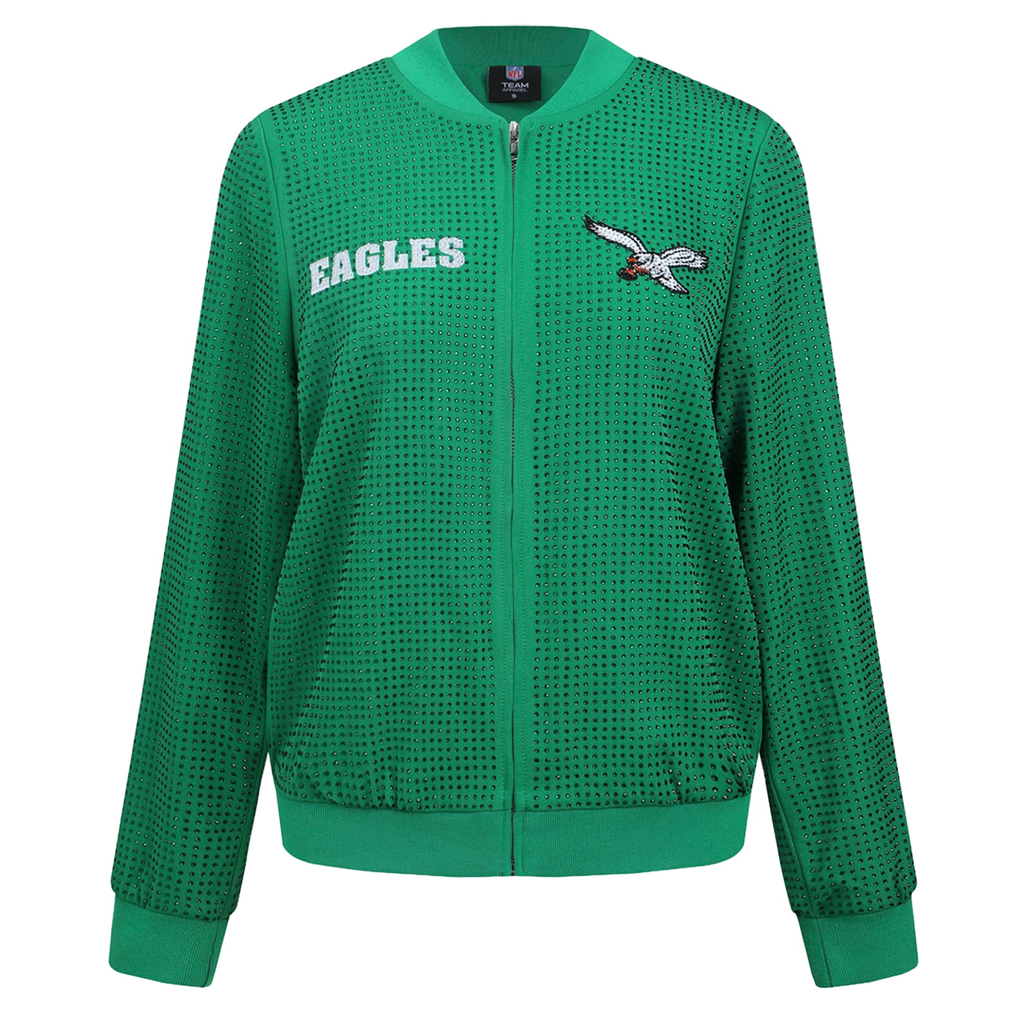 Veste bomber zippée intégrale en cristal vert Kelly Eagles de Philadelphie FABGATING par Cuce pour femme
