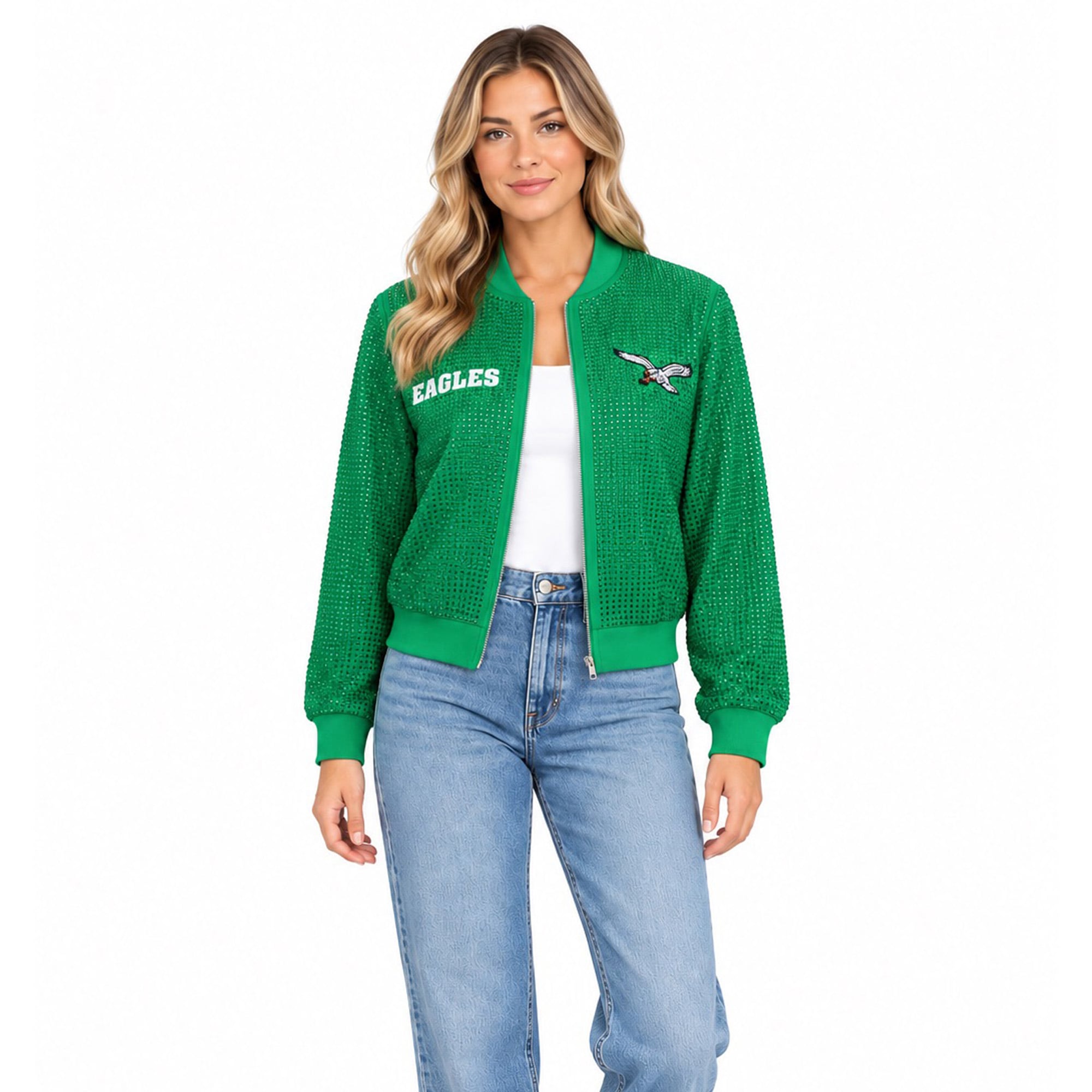Veste bomber zippée intégrale en cristal vert Kelly Eagles de Philadelphie FABGATING par Cuce pour femme