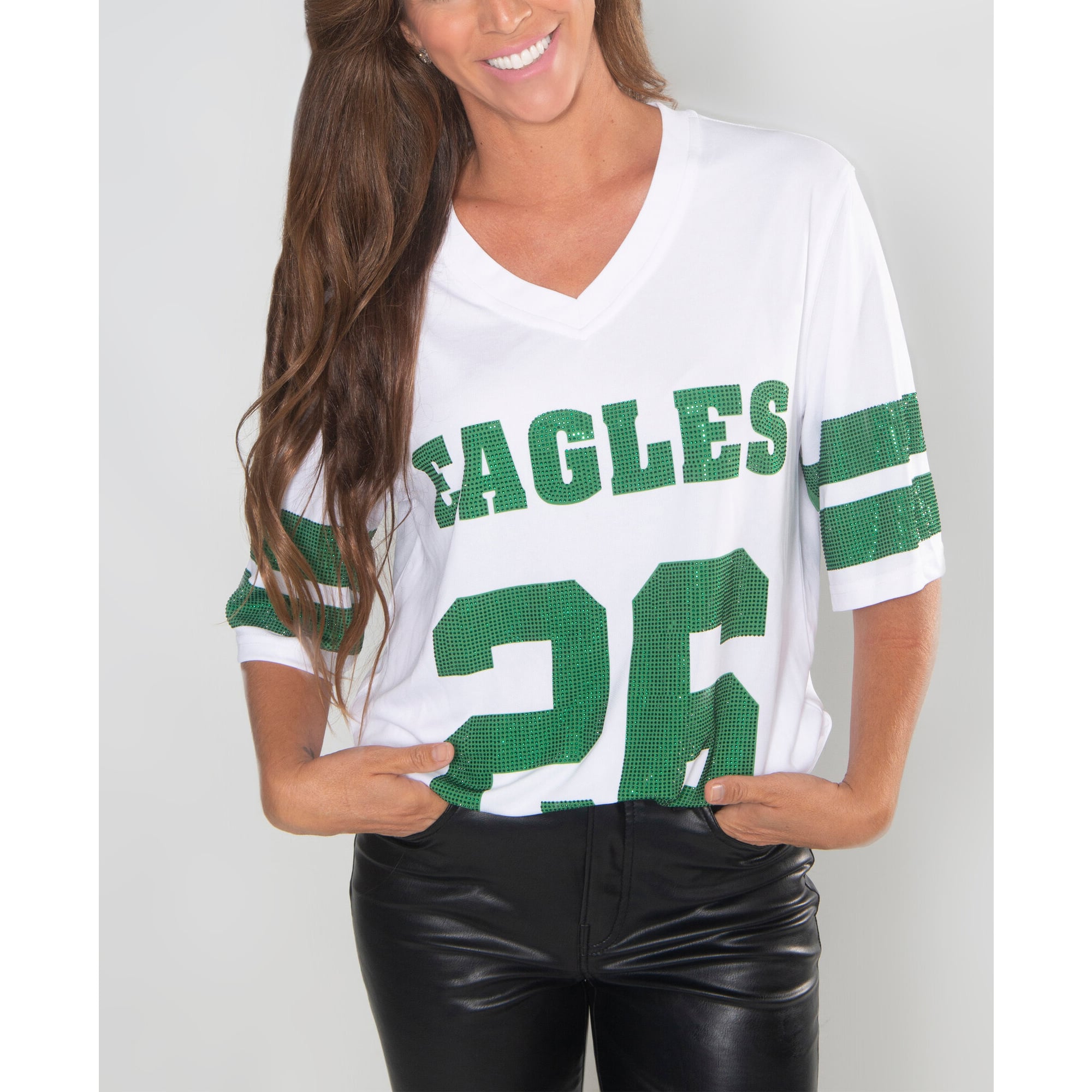 Tunique FABGATING pour femme par Cuce Saquon Barkley White Philadelphia Eagles Crystal à col en V