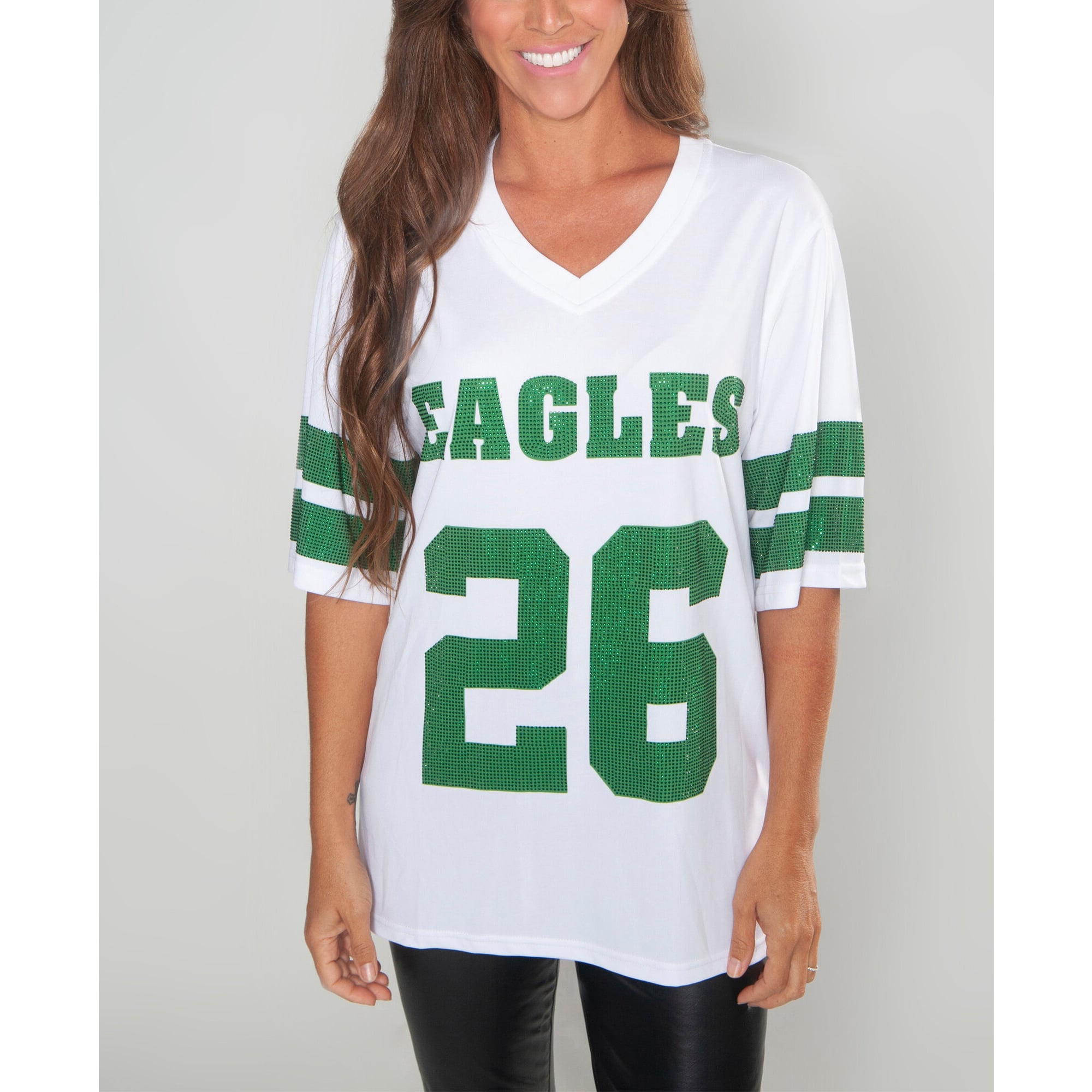 Tunique FABGATING pour femme par Cuce Saquon Barkley White Philadelphia Eagles Crystal à col en V