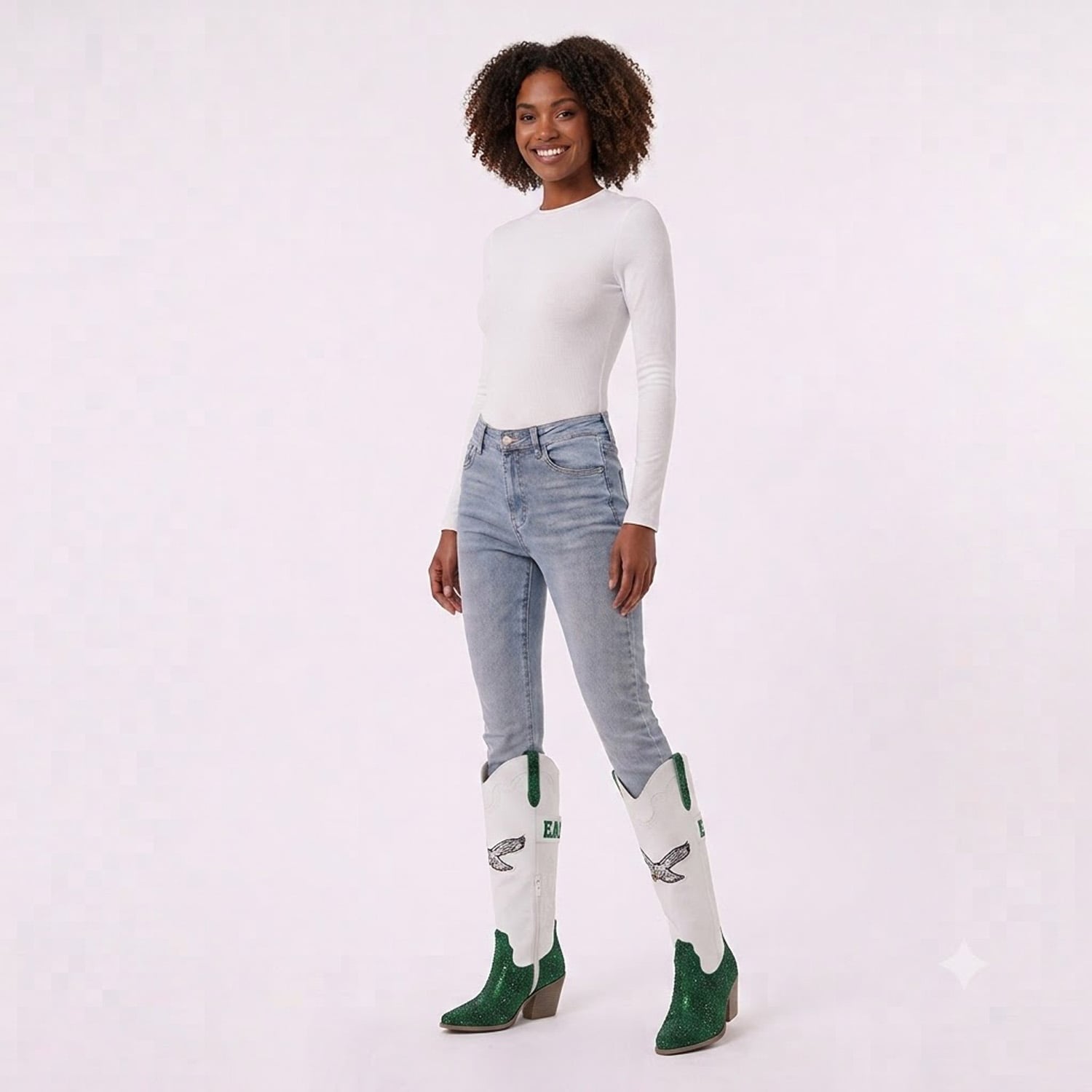 Bottes de cowboy blanches à cristaux FABGATING by Cuce pour femmes, ornées des Eagles Philadelphie