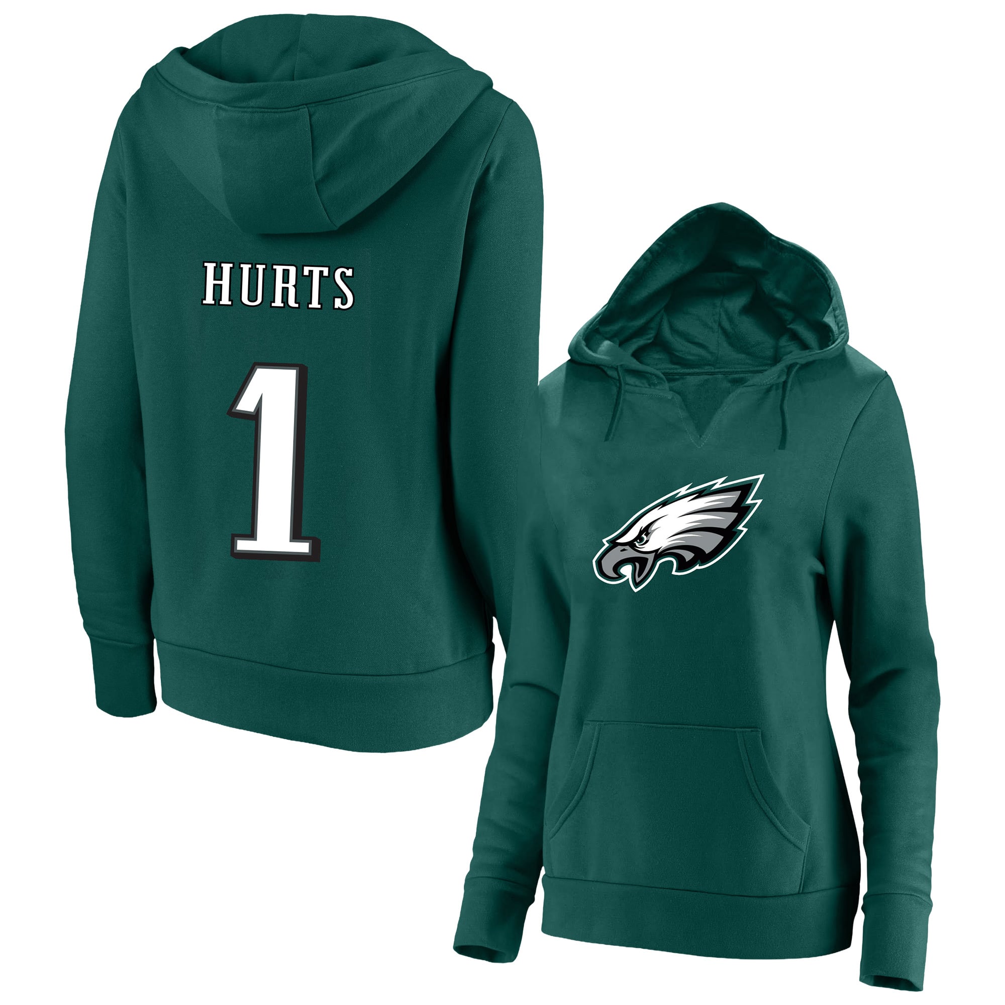 Sweat à capuche Fanatics pour femmes, Jalen Hurts, vert nuit, Philadelphia Eagles, grandes tailles, nom et numéro du joueur, col cranté.