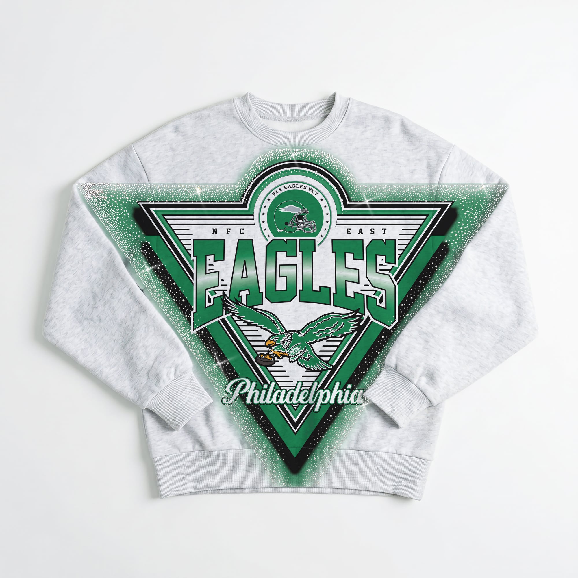 Women's Gameday Couture Ash Philadelphia Eagles Chasing Victory Rhinestone Spray Oversized Fleece Sweatshirt