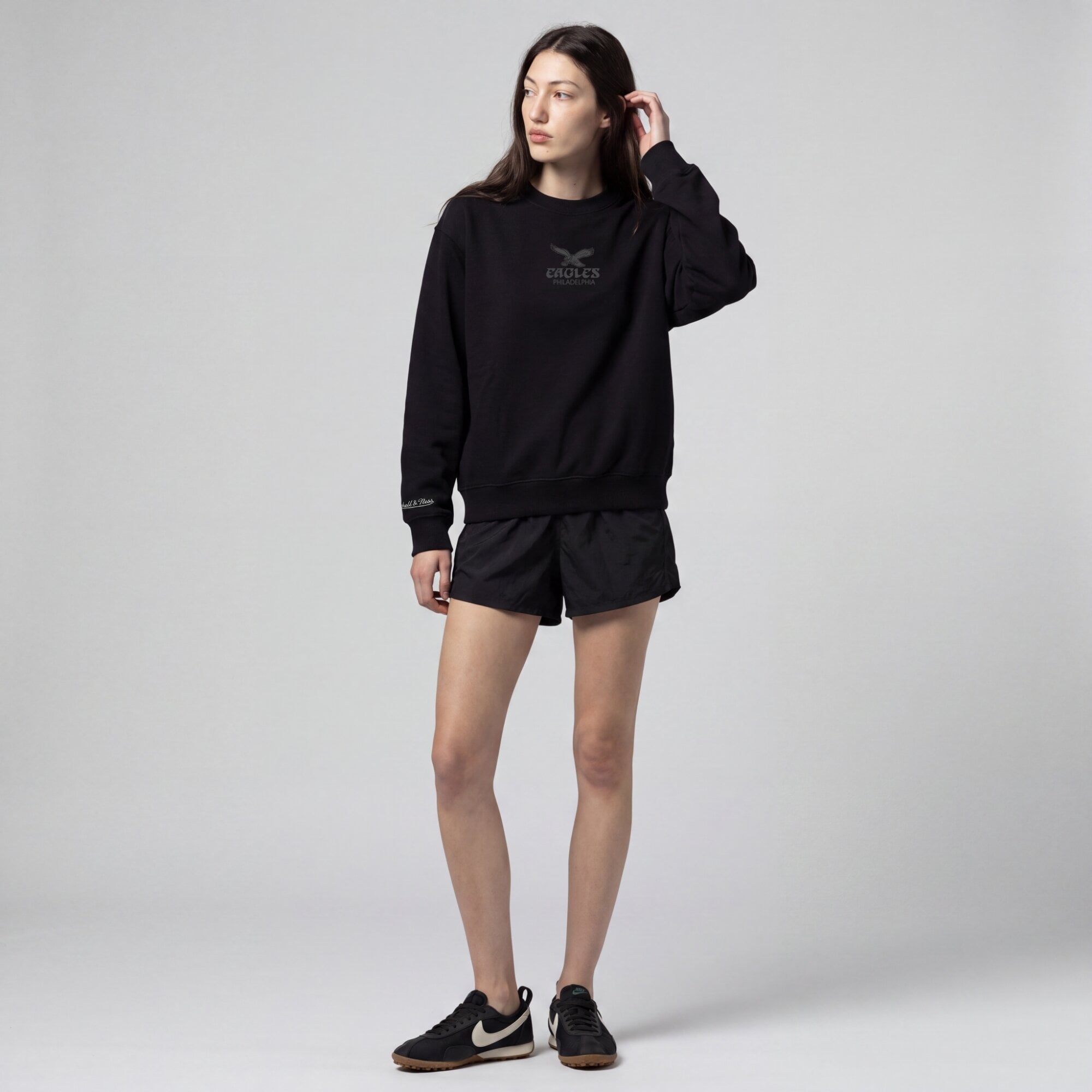 Women's Mitchell & Ness Black Philadelphia Eagles Core Essentials Micro Logo Fleece Sweatshirt