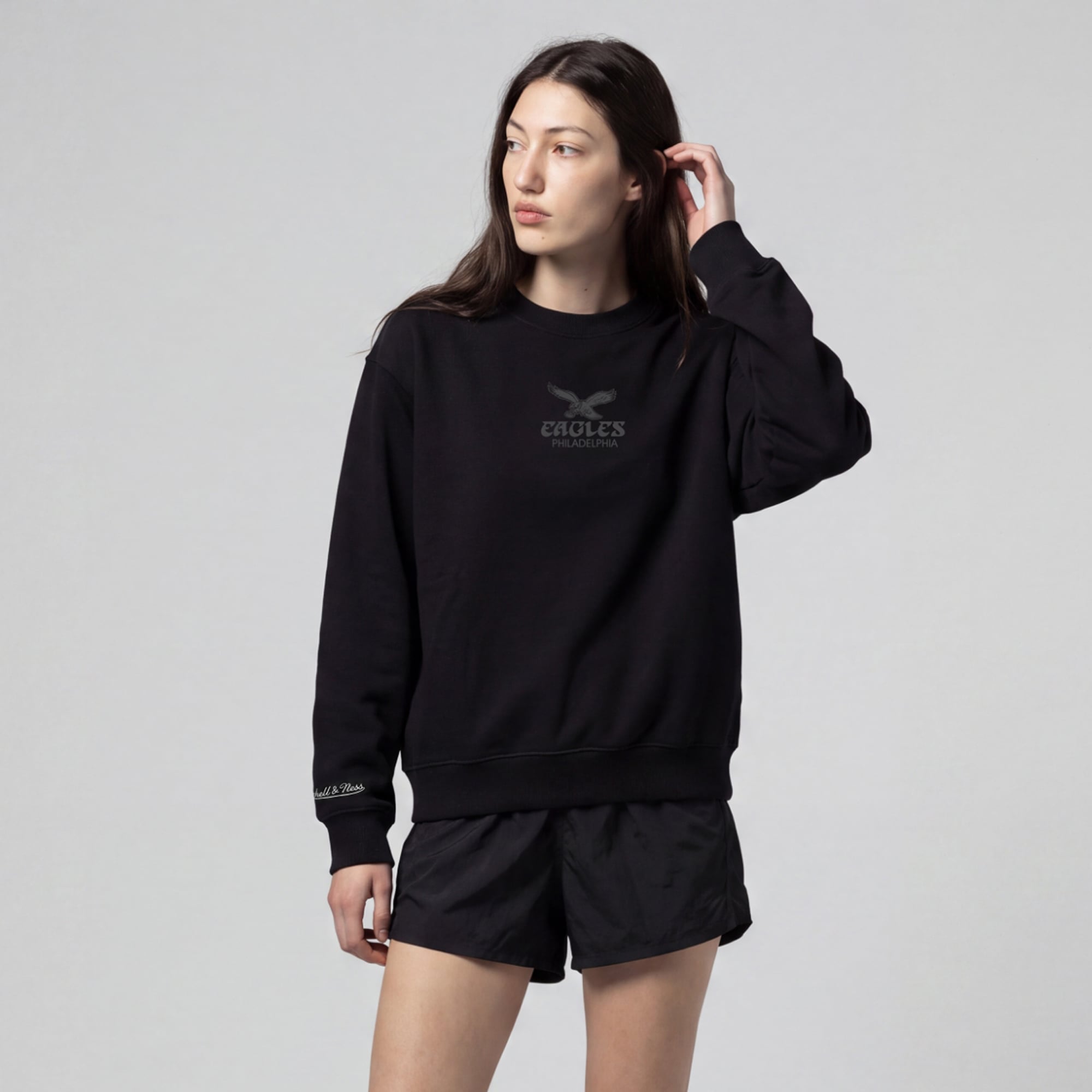 Women's Mitchell & Ness Black Philadelphia Eagles Core Essentials Micro Logo Fleece Sweatshirt