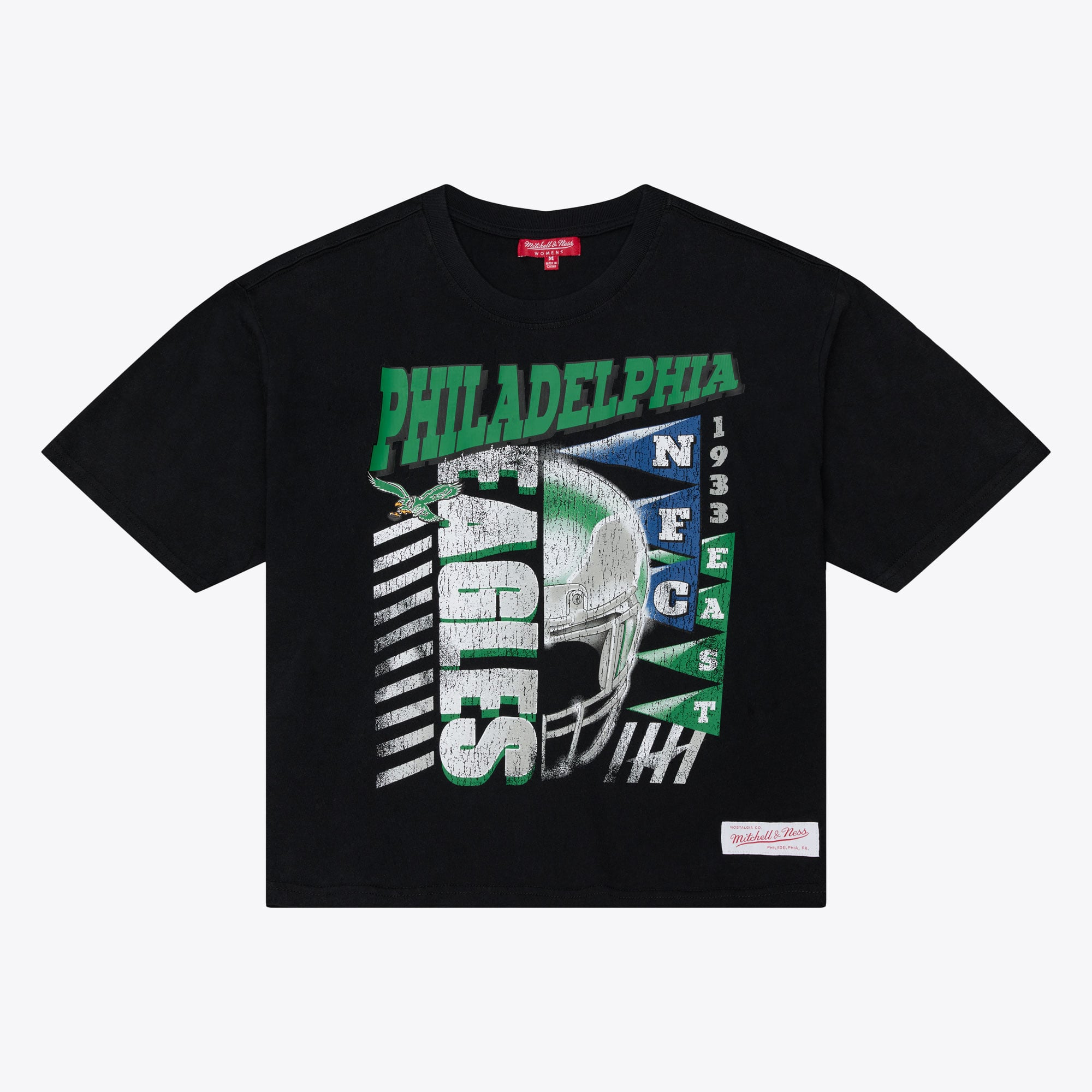 T-shirt court et carré à motif graphique urbain noir Mitchell & Ness pour femmes, Philadelphia Eagles