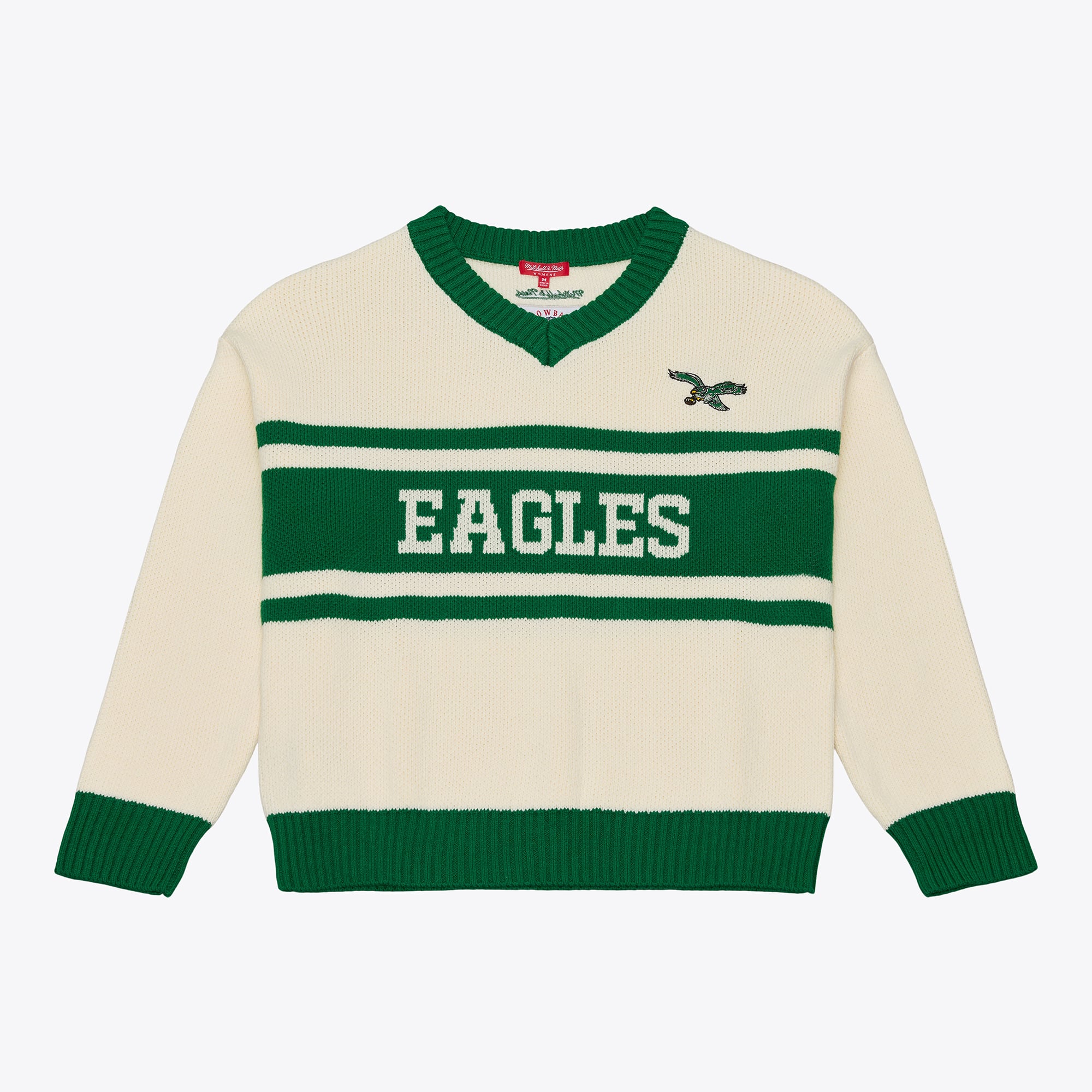 Pull col V Mitchell & Ness crème/vert Kelly Philadelphia Eagles Retro Roots pour femme