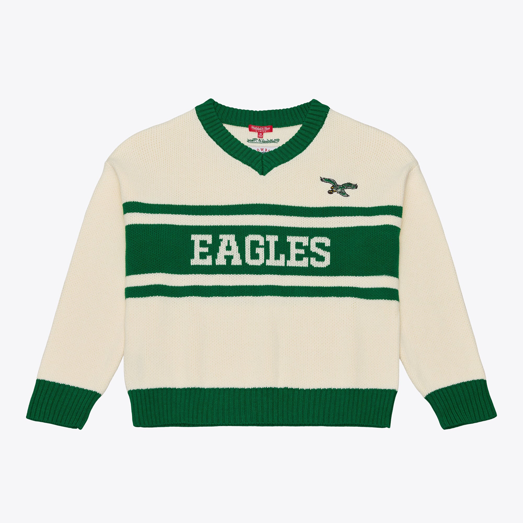 Women's Mitchell & Ness Cream/Kelly Green Philadelphia Eagles Retro Roots V-Neck Sweater