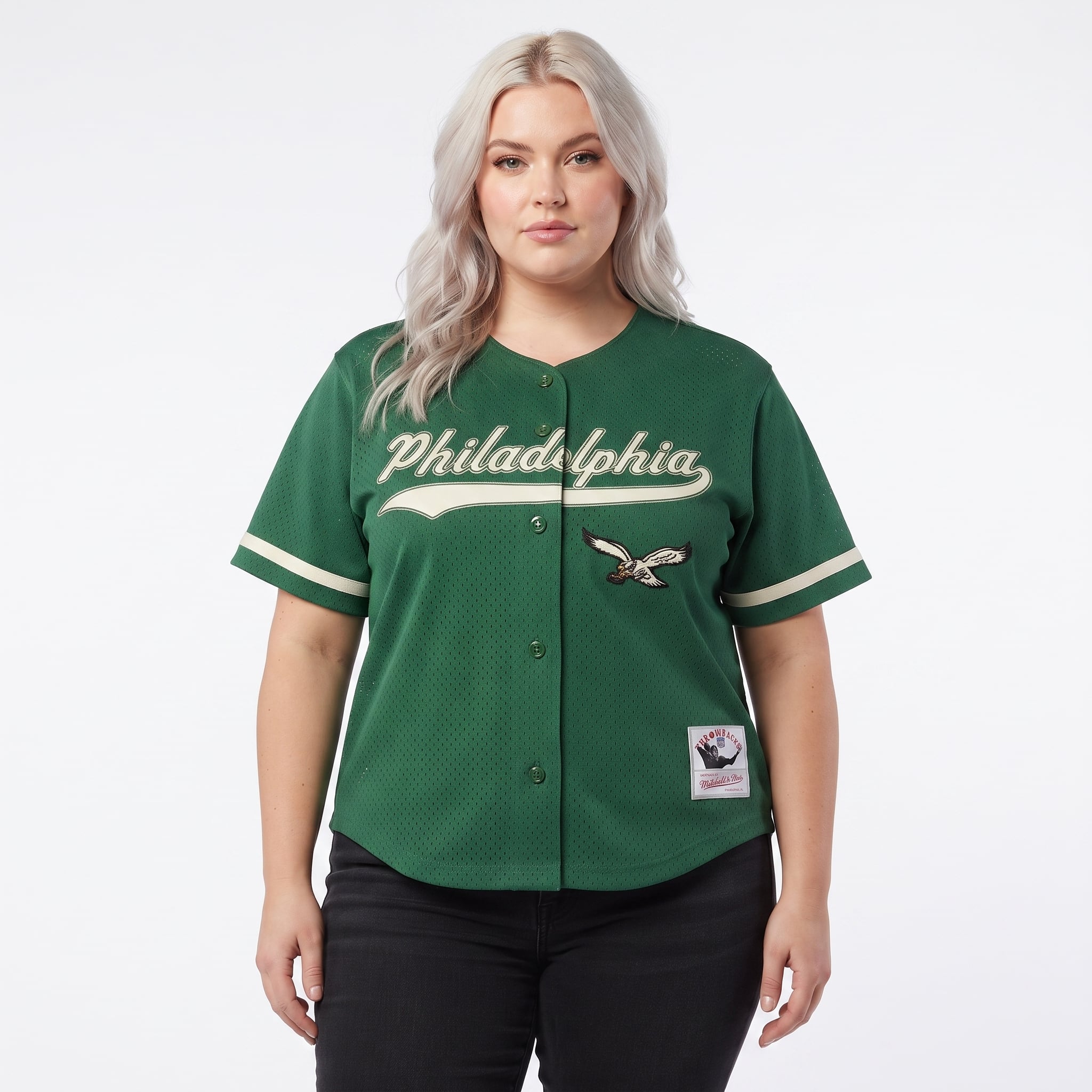 Women's Mitchell & Ness Kelly Green Philadelphia Eagles Plus Retro Roots Baseball Jersey